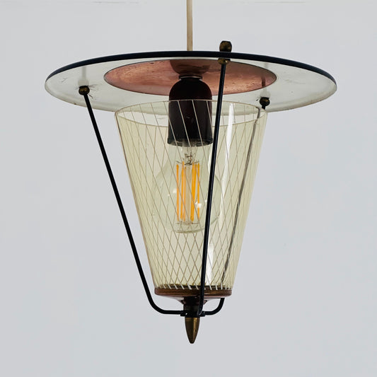 Vintage metal and opalin glass pendant lamp, 1950s