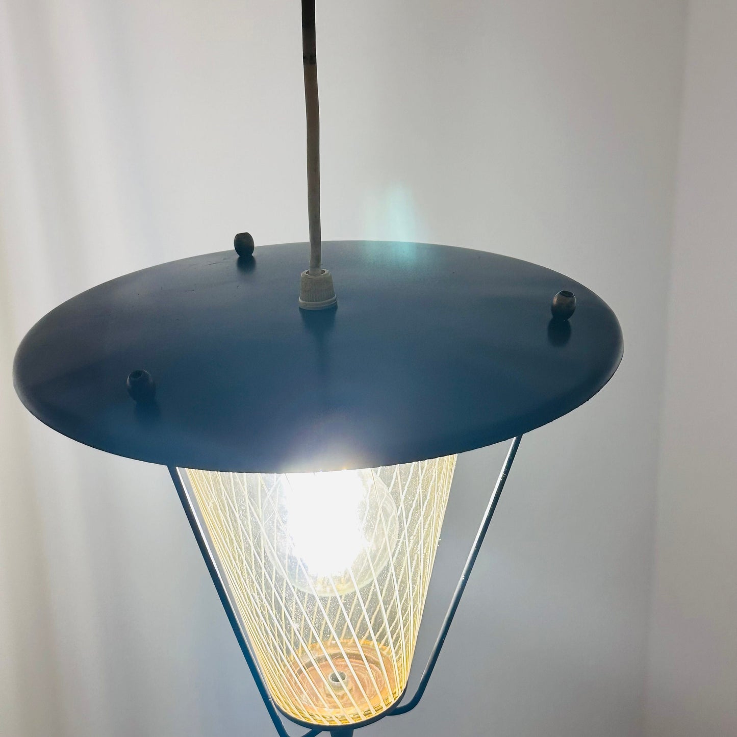 Vintage metal and opalin glass pendant lamp, 1950s
