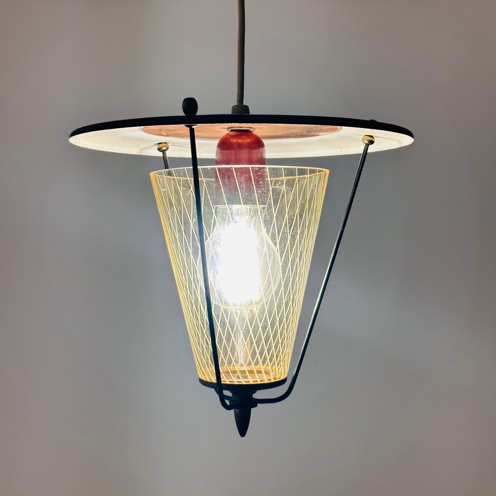 Vintage metal and opalin glass pendant lamp, 1950s