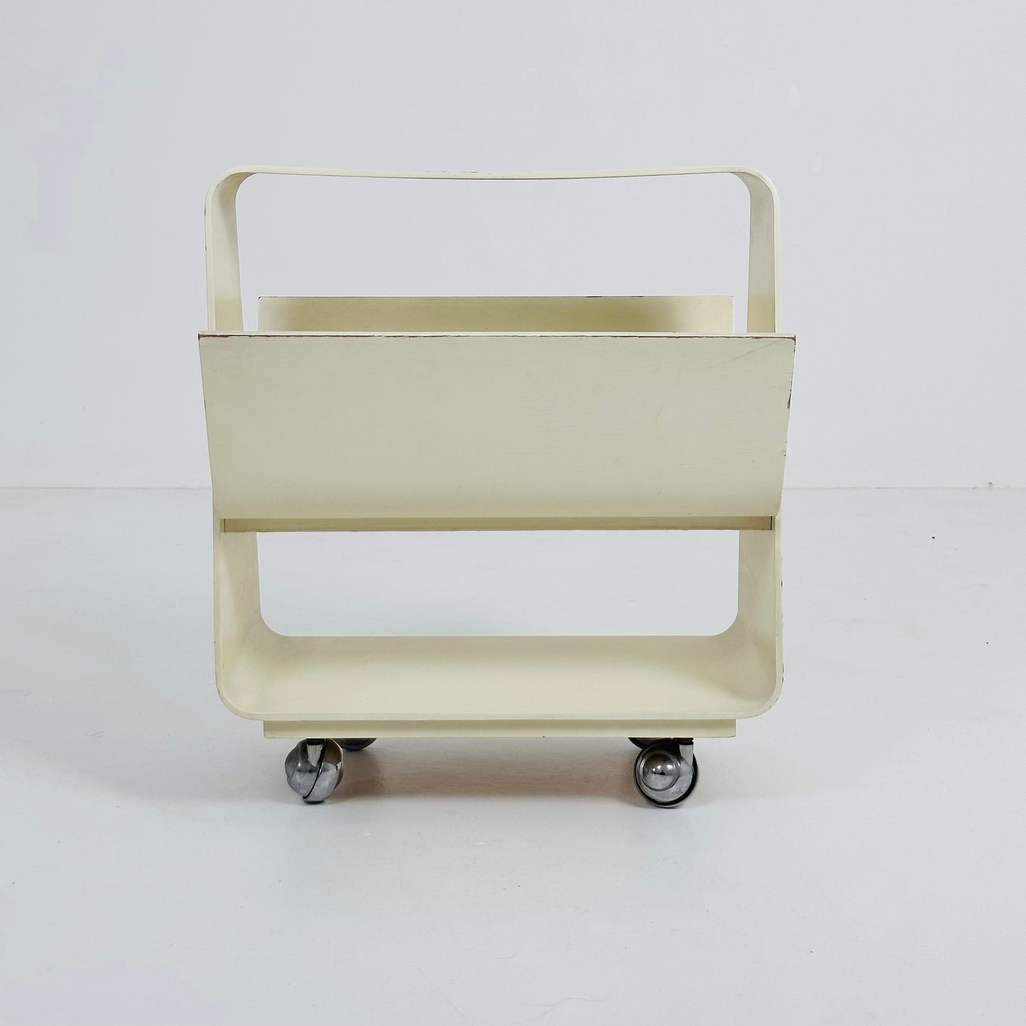 Mid century wooden white side table trolly magazine rack 1980s Germany