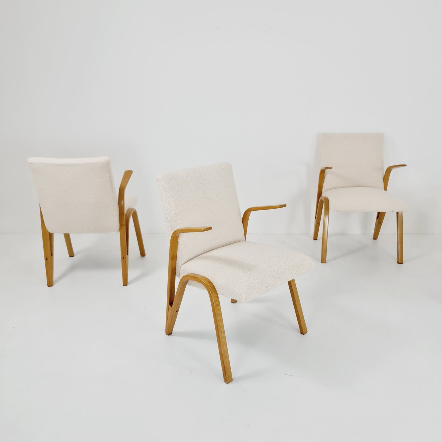 Vintage Concave armchair Set of 4 Teddy fabric by Paul & Arnold Bode for Federholzgesellschaft, 1950s