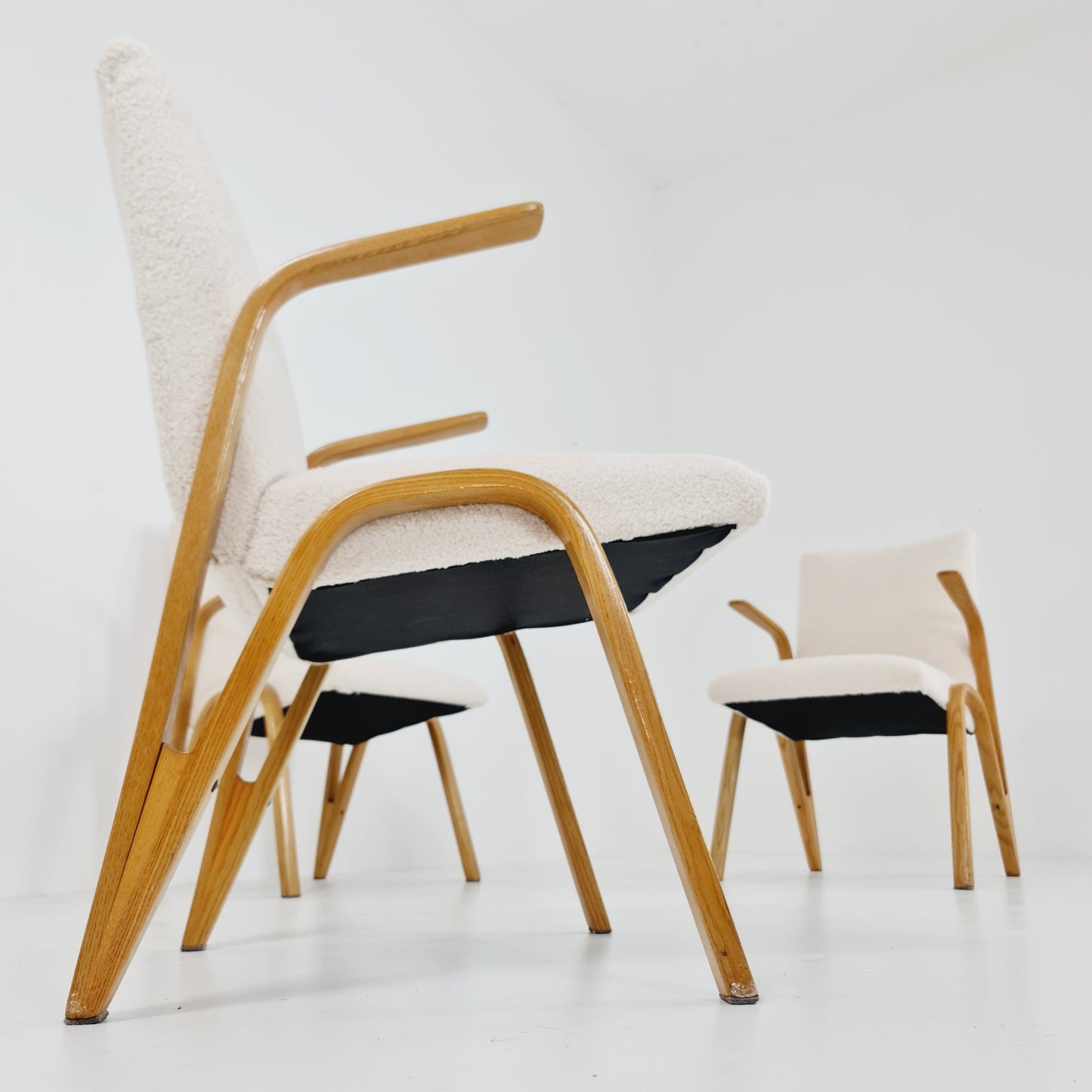 Vintage Concave armchair Set of 4 Teddy fabric by Paul & Arnold Bode for Federholzgesellschaft, 1950s