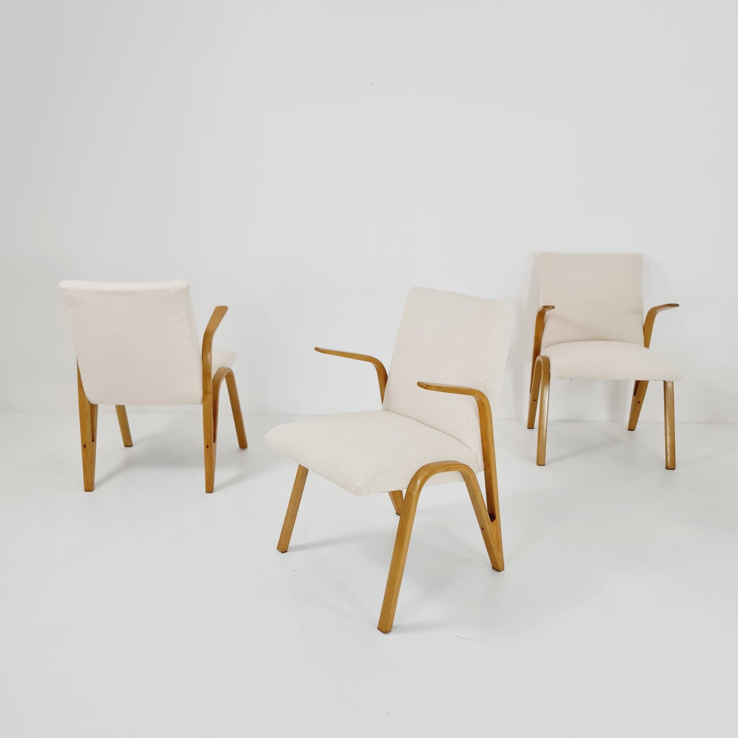 Vintage Concave armchair Set of 4 Teddy fabric by Paul & Arnold Bode for Federholzgesellschaft, 1950s