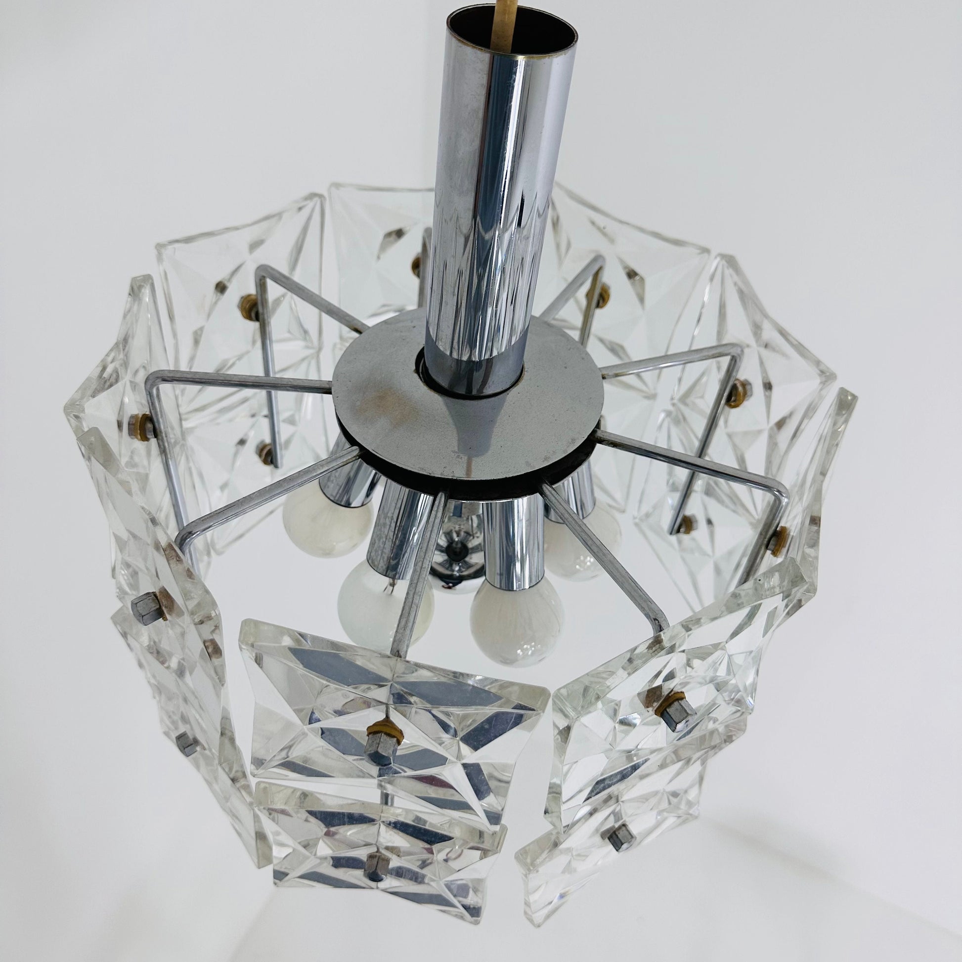 Mid-Century Crystal Glass & Chrome Pendant Lamp from Kinkeldey, 1960s