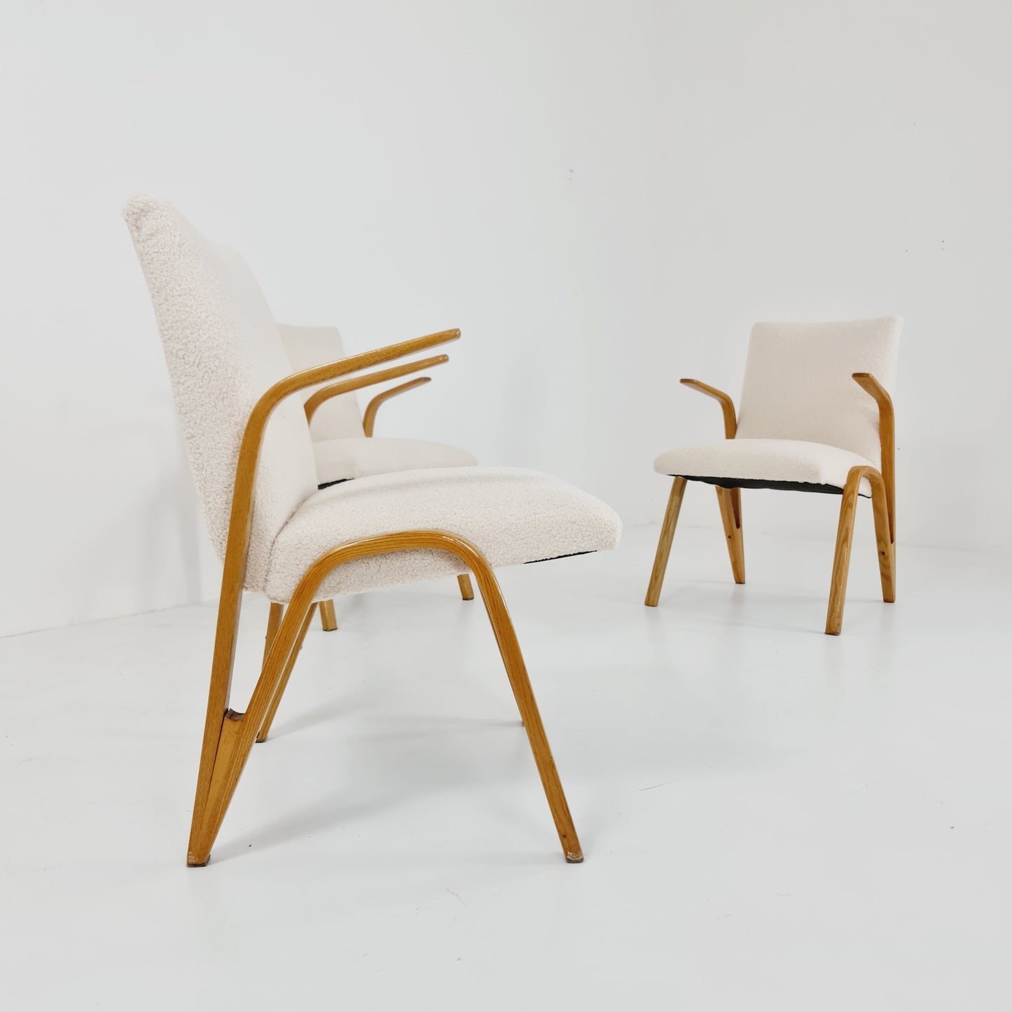 Vintage Concave armchair Set of 4 Teddy fabric by Paul & Arnold Bode for Federholzgesellschaft, 1950s