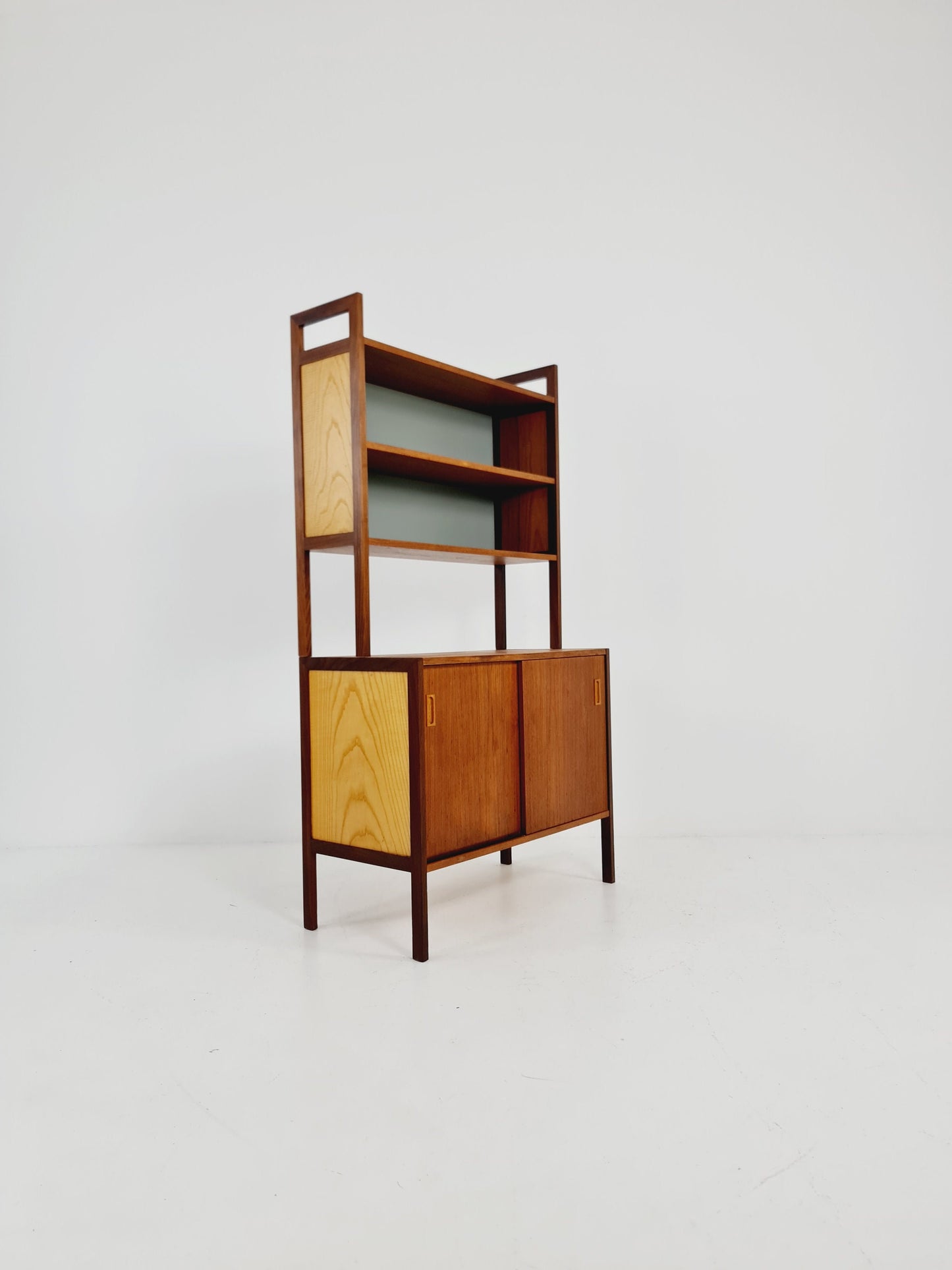 Mid-century Danish vintage teak & beech 2 parts bookshelf cabinet by Gillis Lundgren, 1960s