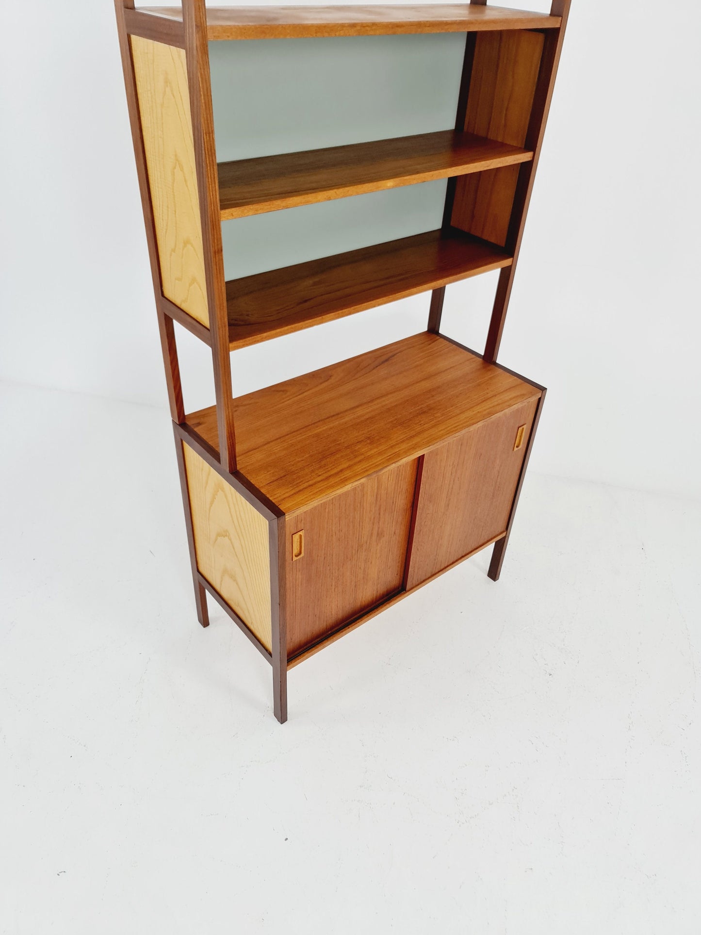 Mid-century Danish vintage teak & beech 2 parts bookshelf cabinet by Gillis Lundgren, 1960s