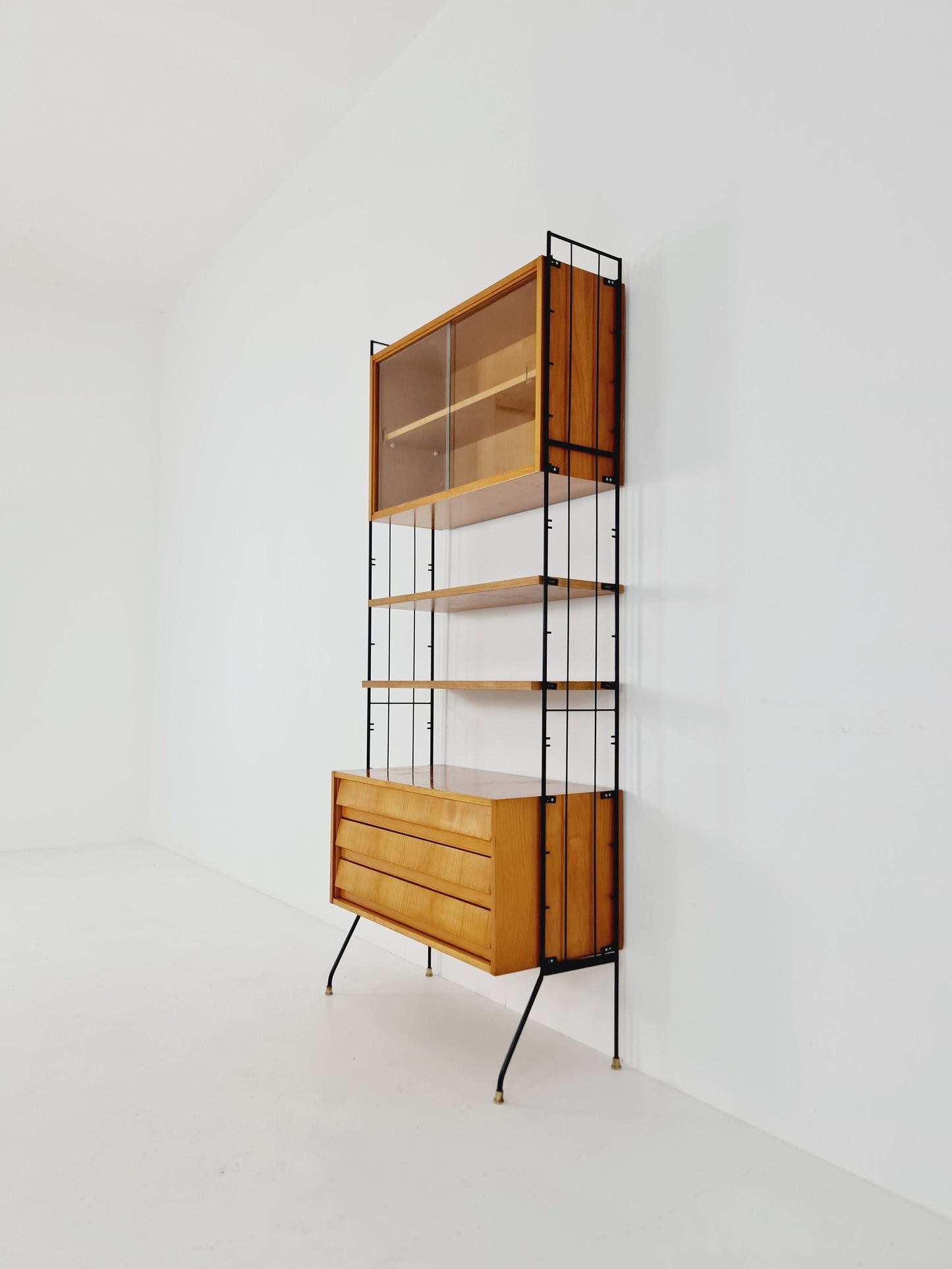 Freestanding string shelf-system unit bookcase Oak & metal by Silverschild Germany, 1950s