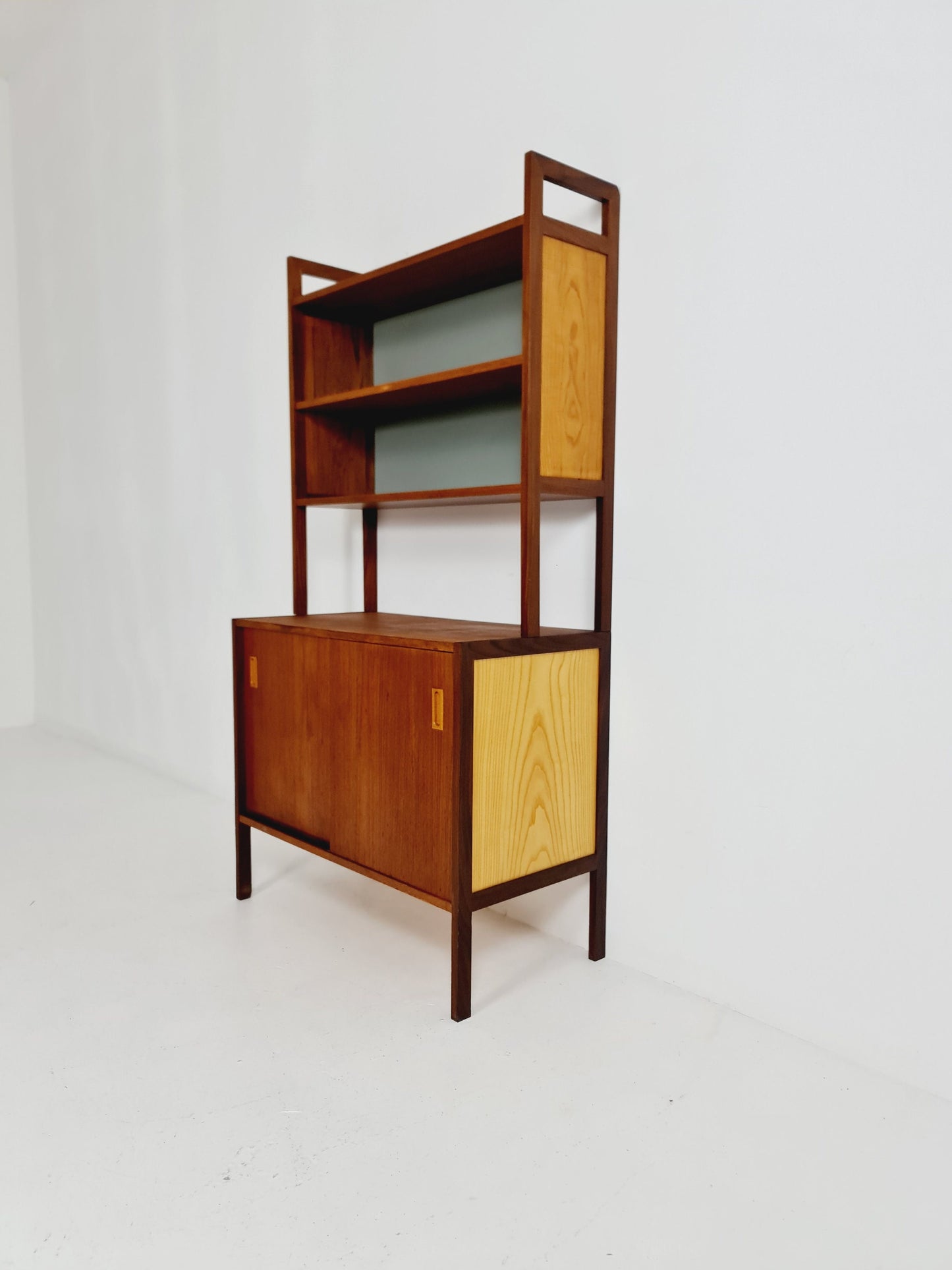 Mid-century Danish vintage teak & beech 2 parts bookshelf cabinet by Gillis Lundgren, 1960s