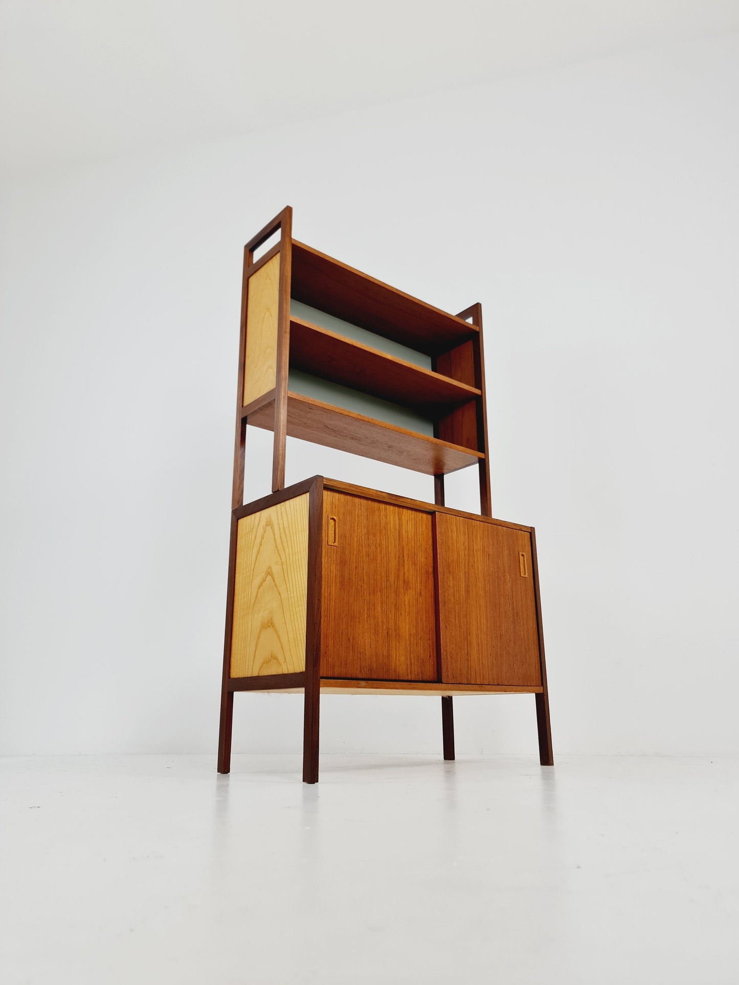 Mid-century Danish vintage teak & beech 2 parts bookshelf cabinet by Gillis Lundgren, 1960s
