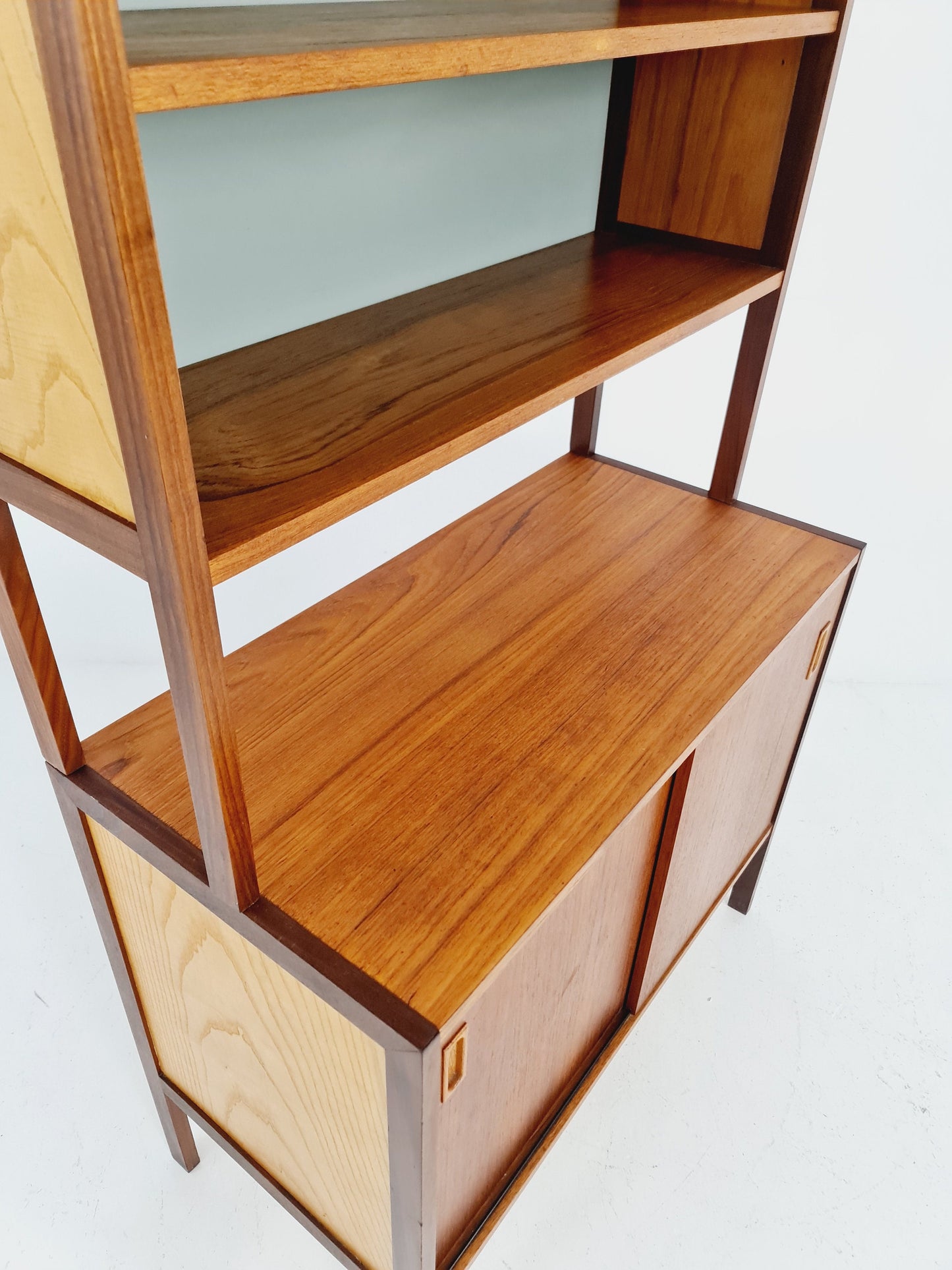 Mid-century Danish vintage teak & beech 2 parts bookshelf cabinet by Gillis Lundgren, 1960s