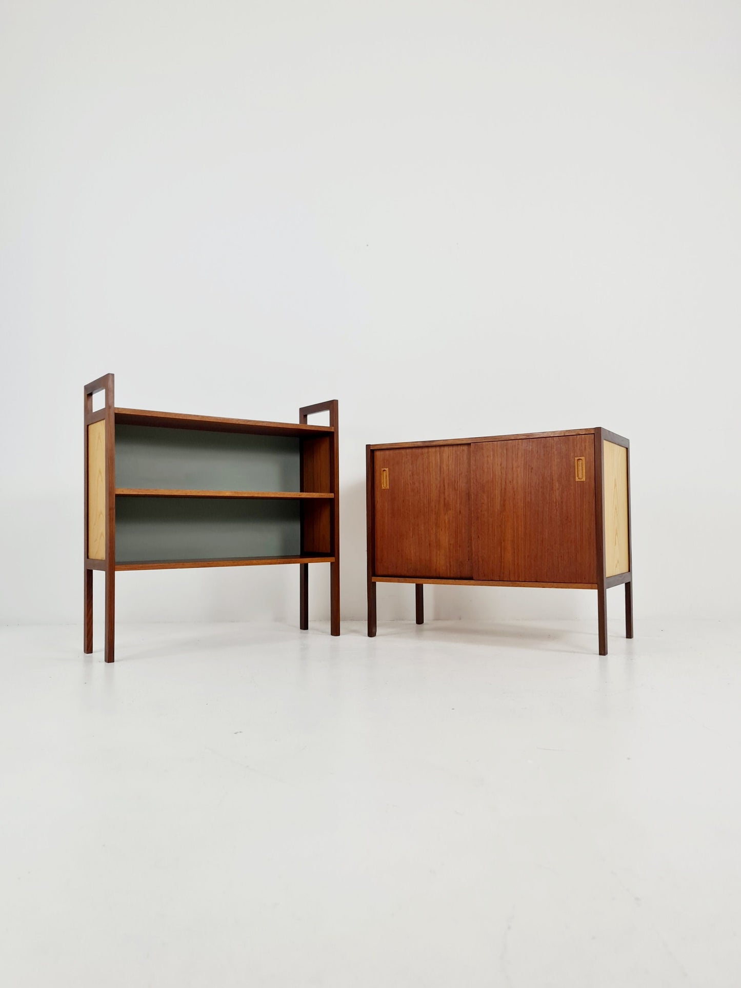 Mid-century Danish vintage teak & beech 2 parts bookshelf cabinet by Gillis Lundgren, 1960s