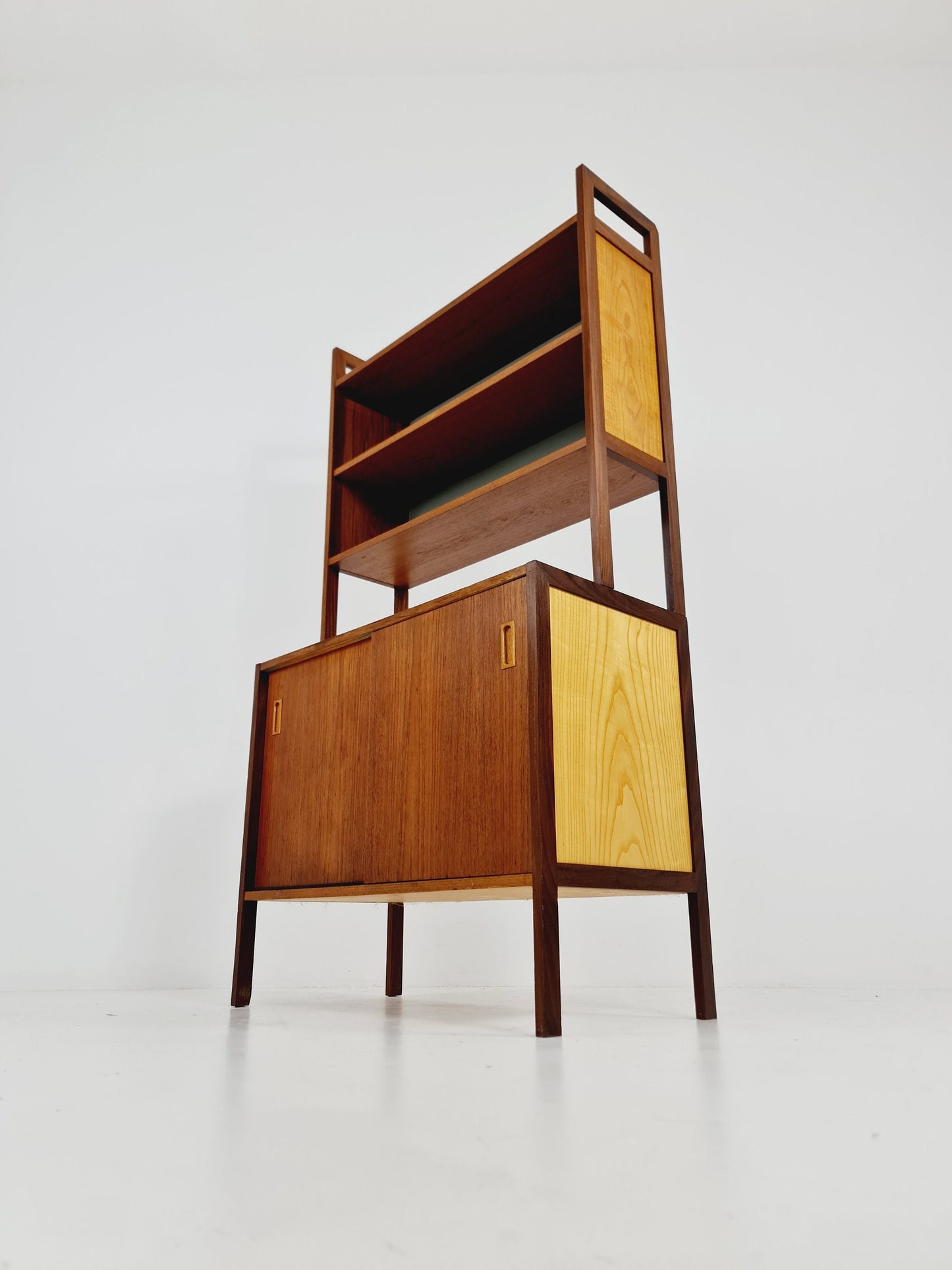 Mid-century Danish vintage teak & beech 2 parts bookshelf cabinet by Gillis Lundgren, 1960s