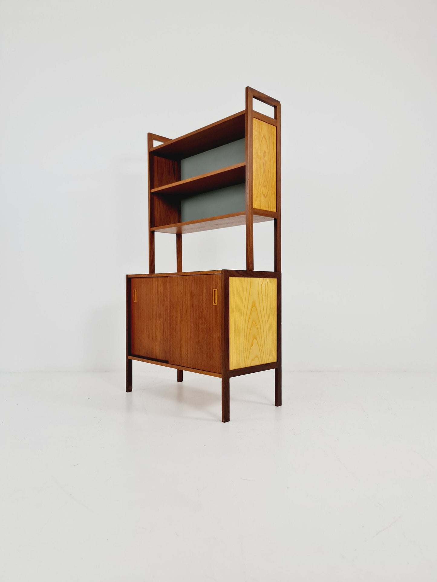 Mid-century Danish vintage teak & beech 2 parts bookshelf cabinet by Gillis Lundgren, 1960s