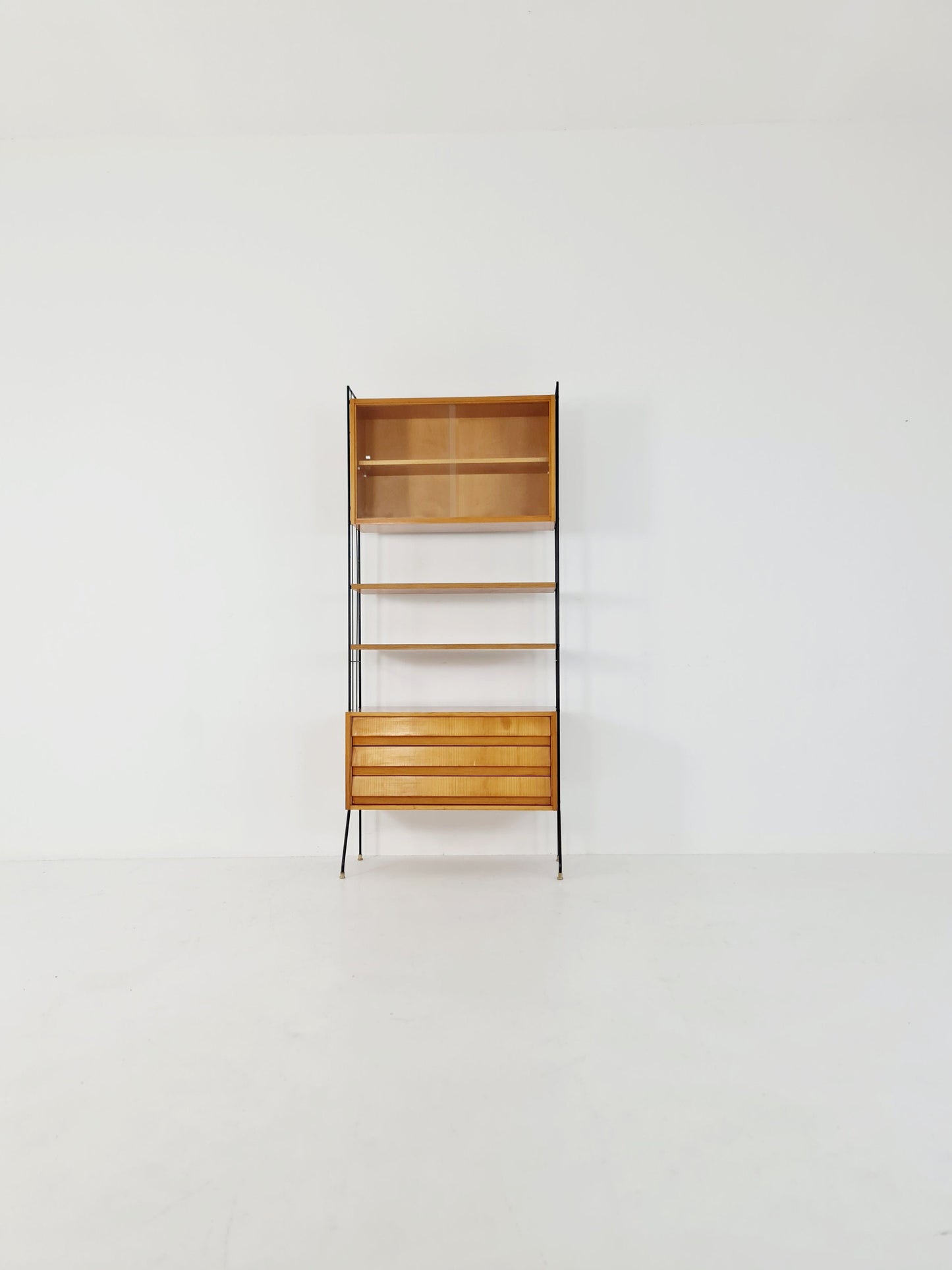 Freestanding string shelf-system unit bookcase Oak & metal by Silverschild Germany, 1950s