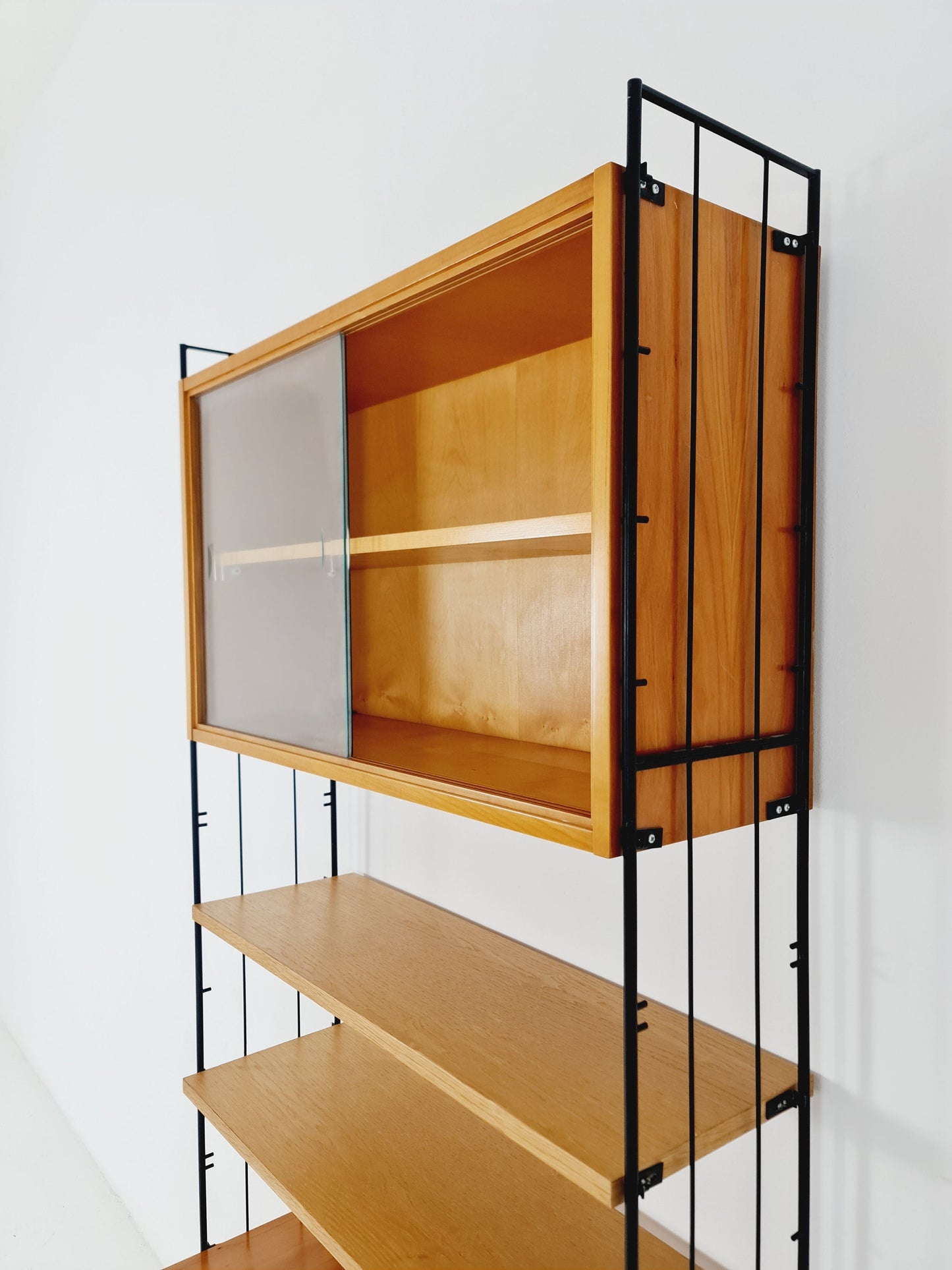Freestanding string shelf-system unit bookcase Oak & metal by Silverschild Germany, 1950s
