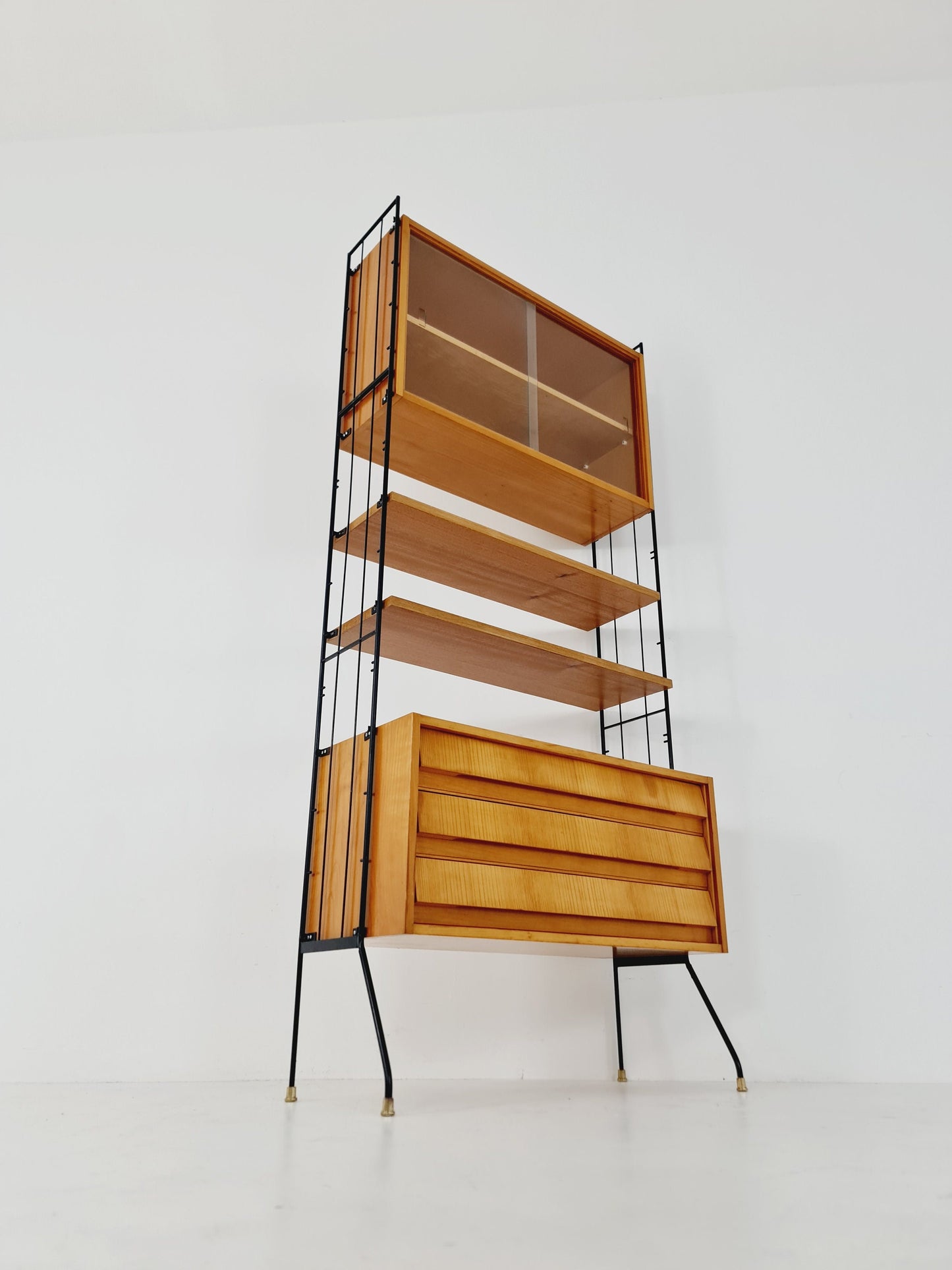 Freestanding string shelf-system unit bookcase Oak & metal by Silverschild Germany, 1950s