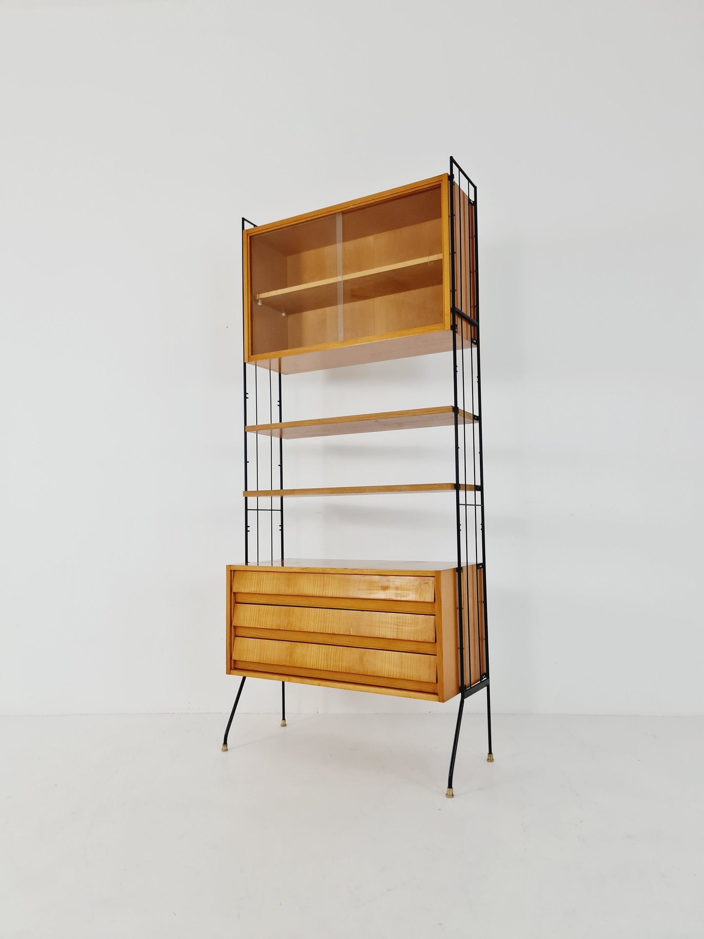Freestanding string shelf-system unit bookcase Oak & metal by Silverschild Germany, 1950s