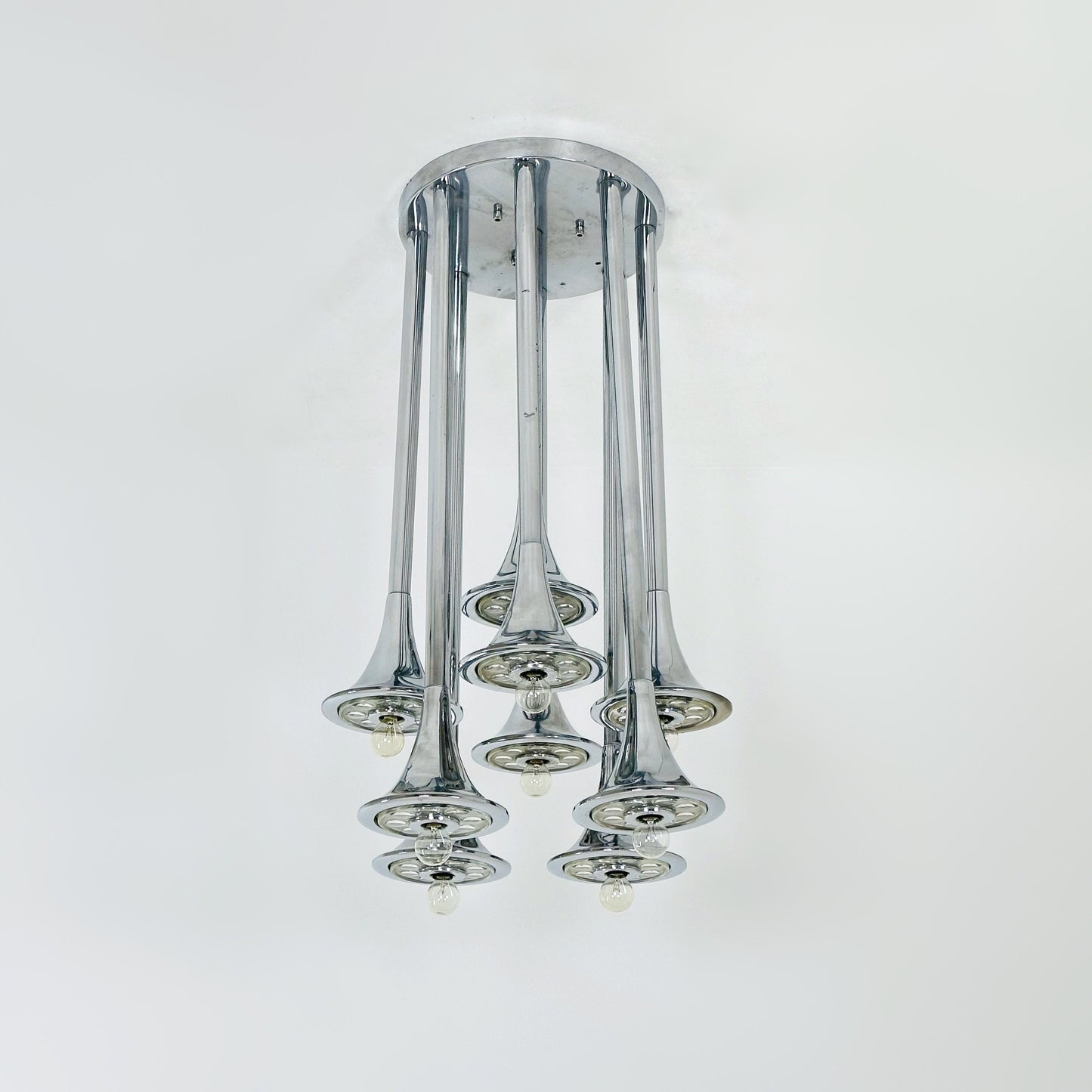 Rare mid century Large horns Reggiani chandelier, Trumpet 1960s Italy
