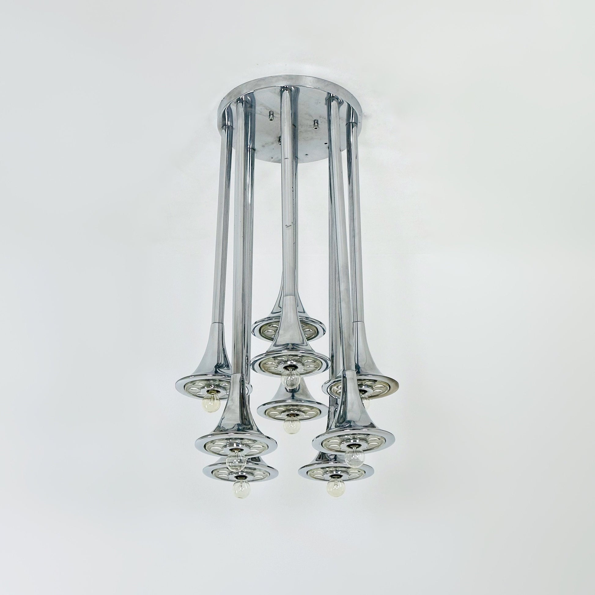 Rare mid century Large horns Reggiani chandelier, Trumpet 1960s Italy