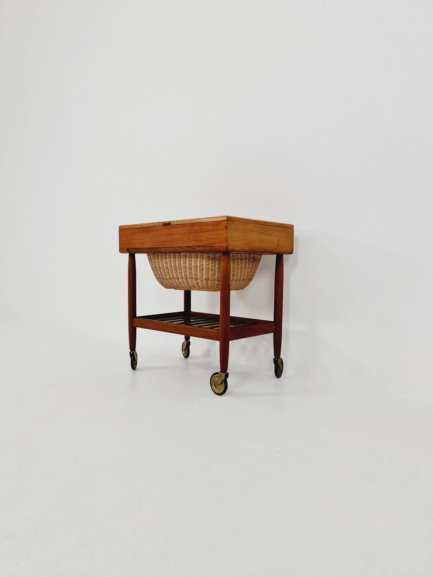 Vintage Danish teak and rattan sewing table/ side table cabinet By Ejvid A.johansson for Uitze , 1960s