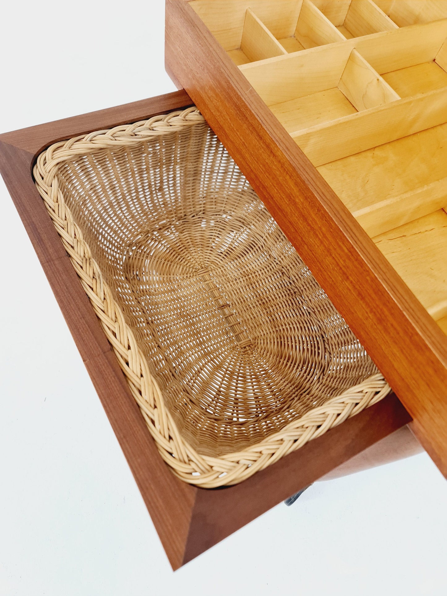 Vintage Danish teak and rattan sewing table/ side table cabinet By Ejvid A.johansson for Uitze , 1960s