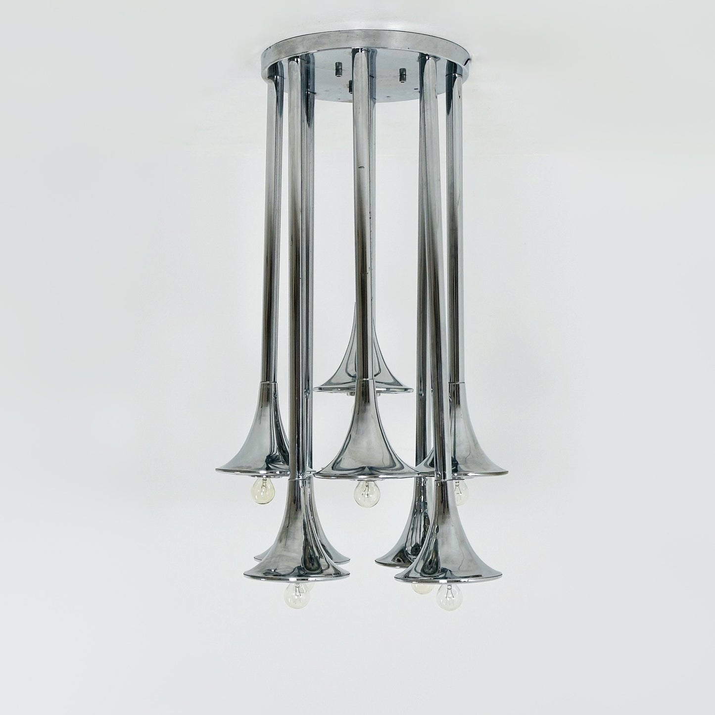 Rare mid century Large horns Reggiani chandelier, Trumpet 1960s Italy