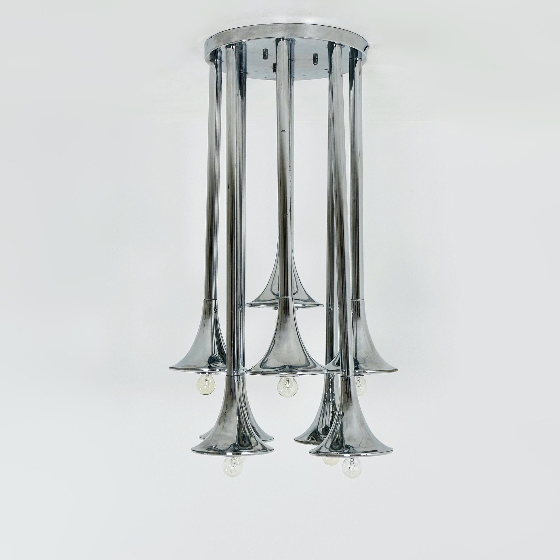 Rare mid century Large horns Reggiani chandelier, Trumpet 1960s Italy