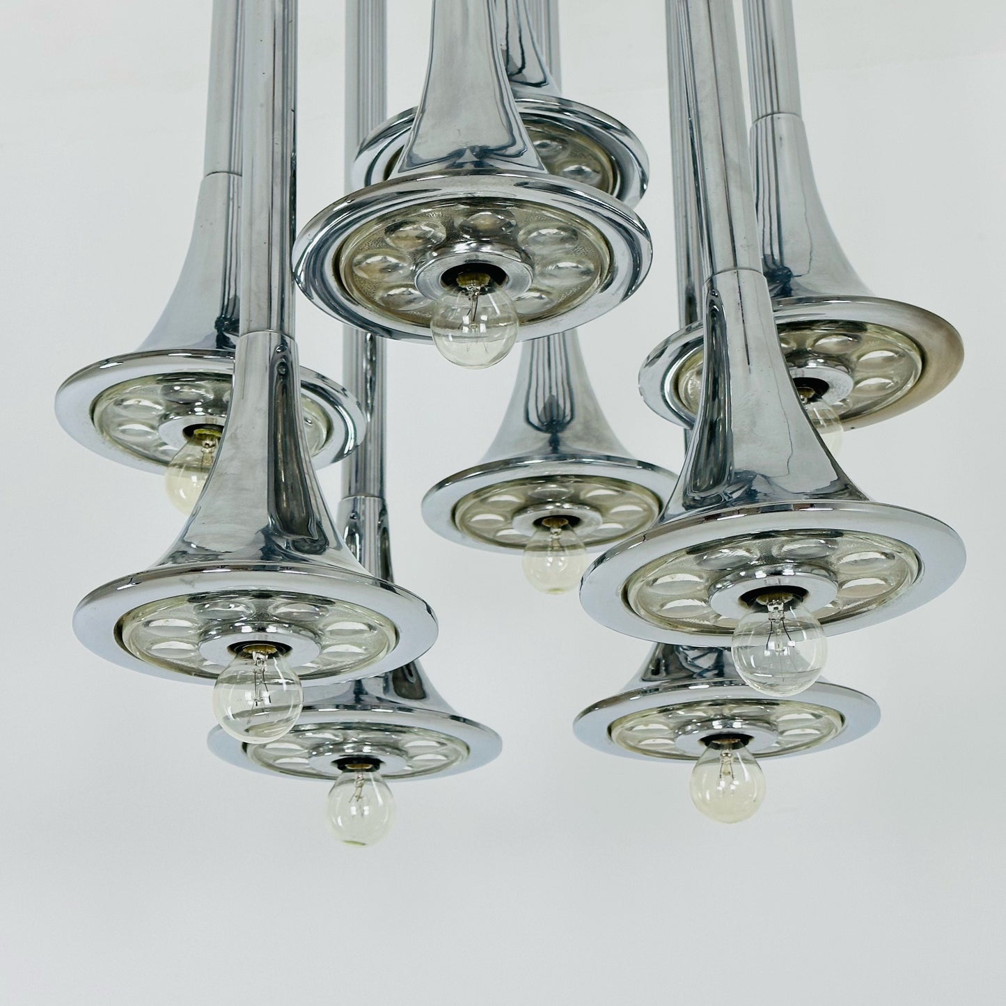 Rare mid century Large horns Reggiani chandelier, Trumpet 1960s Italy