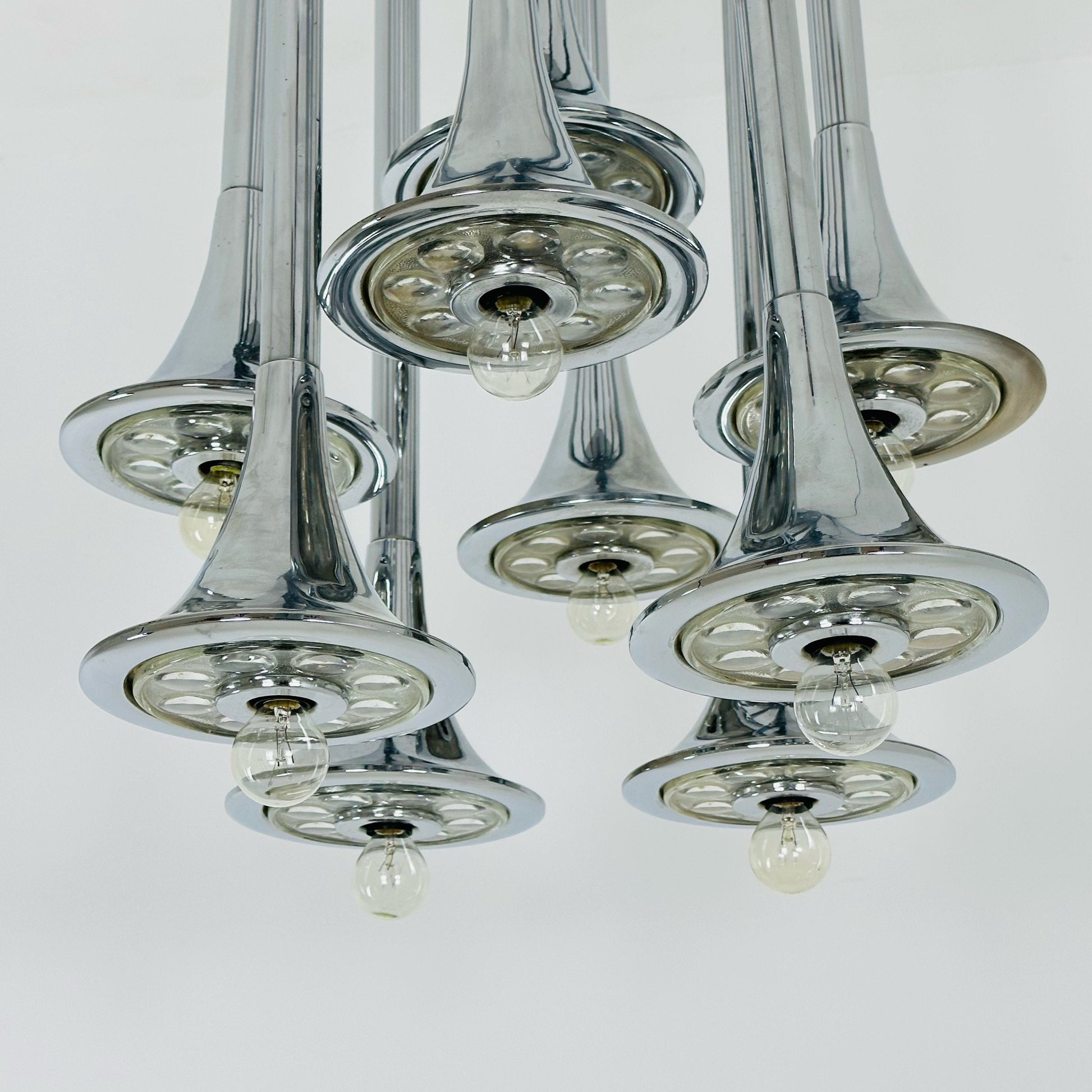 Rare mid century Large horns Reggiani chandelier, Trumpet 1960s Italy