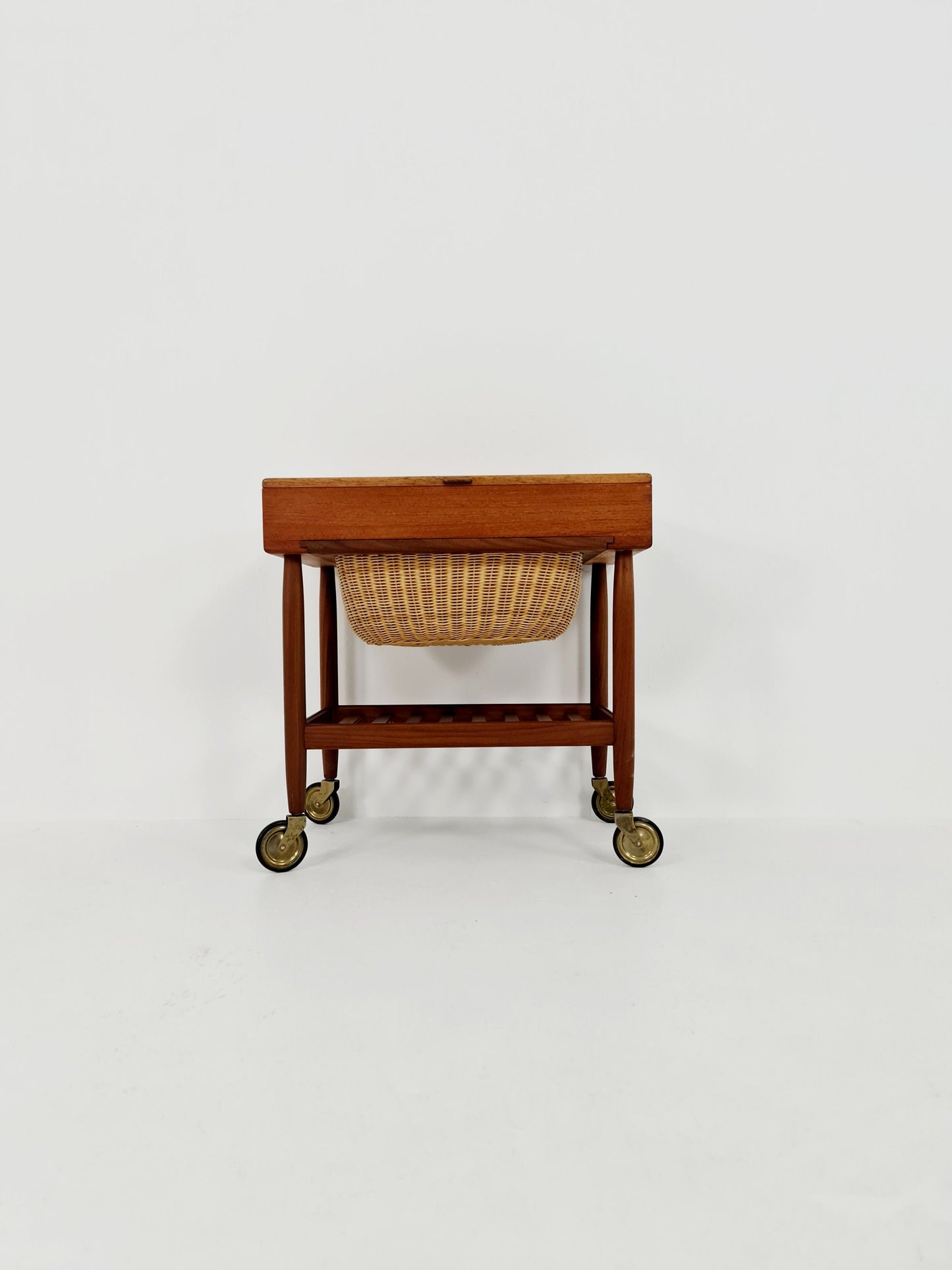 Vintage Danish teak and rattan sewing table/ side table cabinet By Ejvid A.johansson for Uitze , 1960s