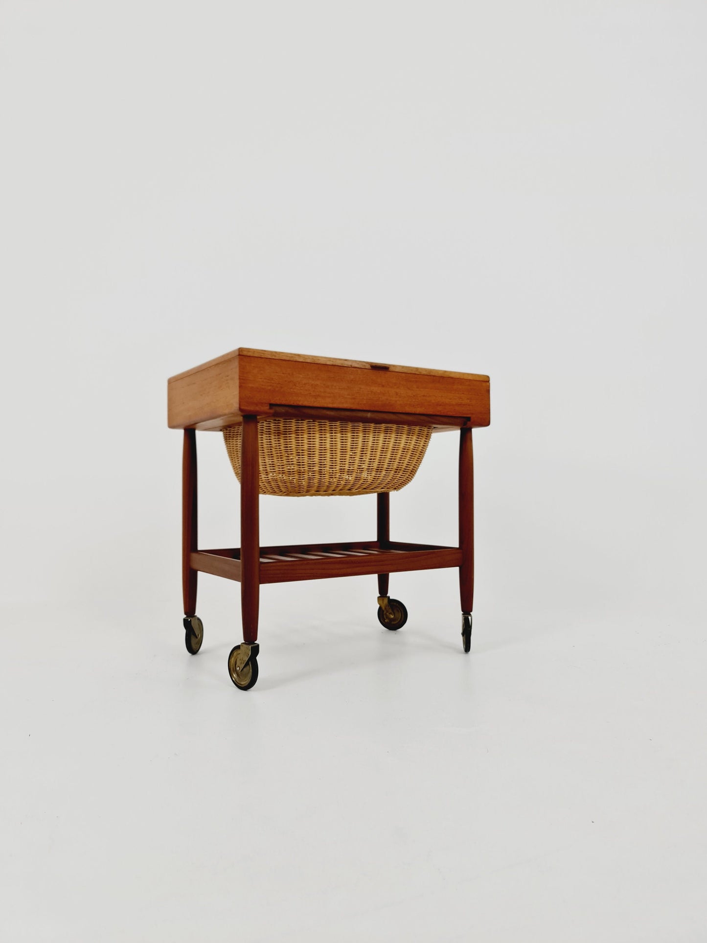 Vintage Danish teak and rattan sewing table/ side table cabinet By Ejvid A.johansson for Uitze , 1960s