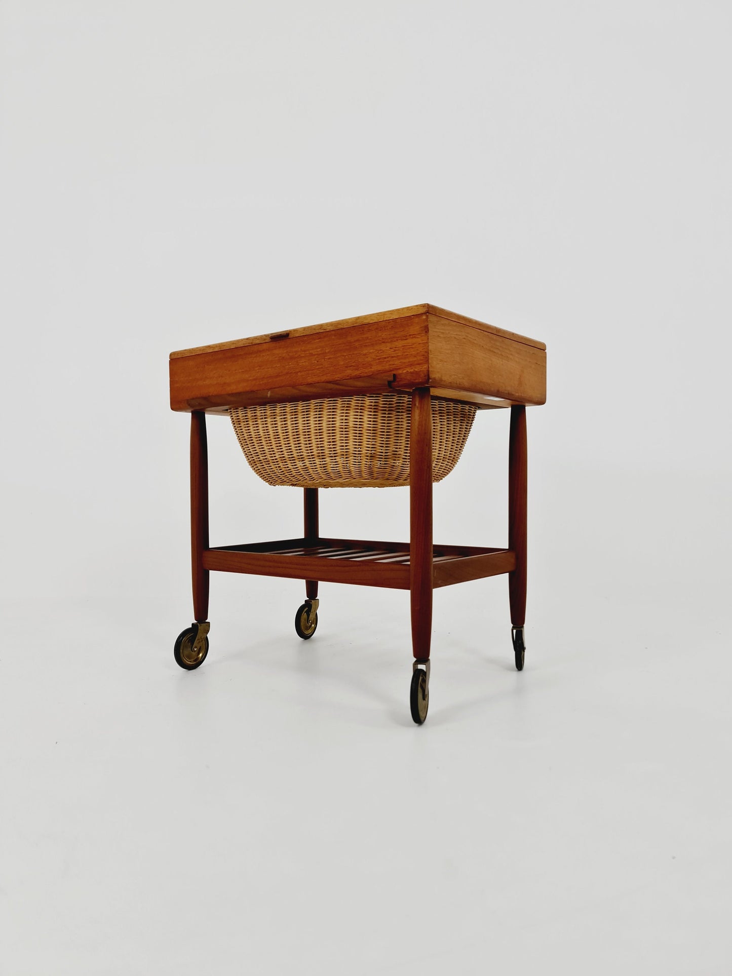 Vintage Danish teak and rattan sewing table/ side table cabinet By Ejvid A.johansson for Uitze , 1960s
