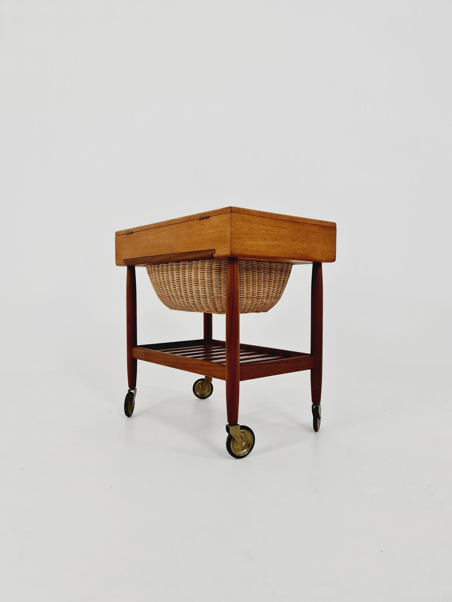 Vintage Danish teak and rattan sewing table/ side table cabinet By Ejvid A.johansson for Uitze , 1960s