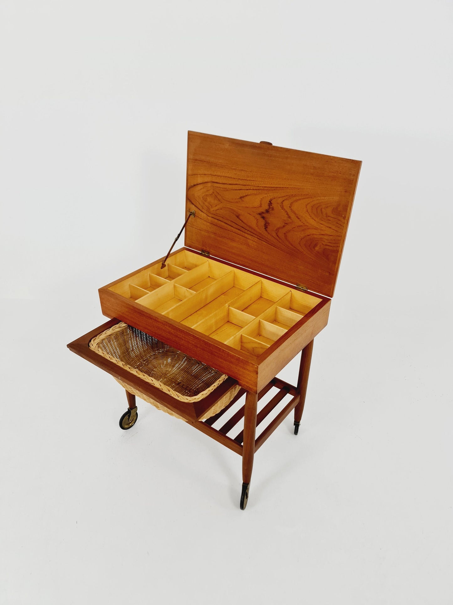 Vintage Danish teak and rattan sewing table/ side table cabinet By Ejvid A.johansson for Uitze , 1960s