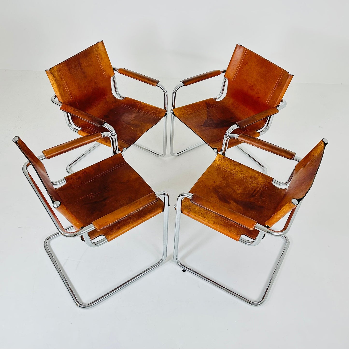 set of 4 Matteo Grassi original Bauhaus design Visitor model Chair cognac Leather 1970s