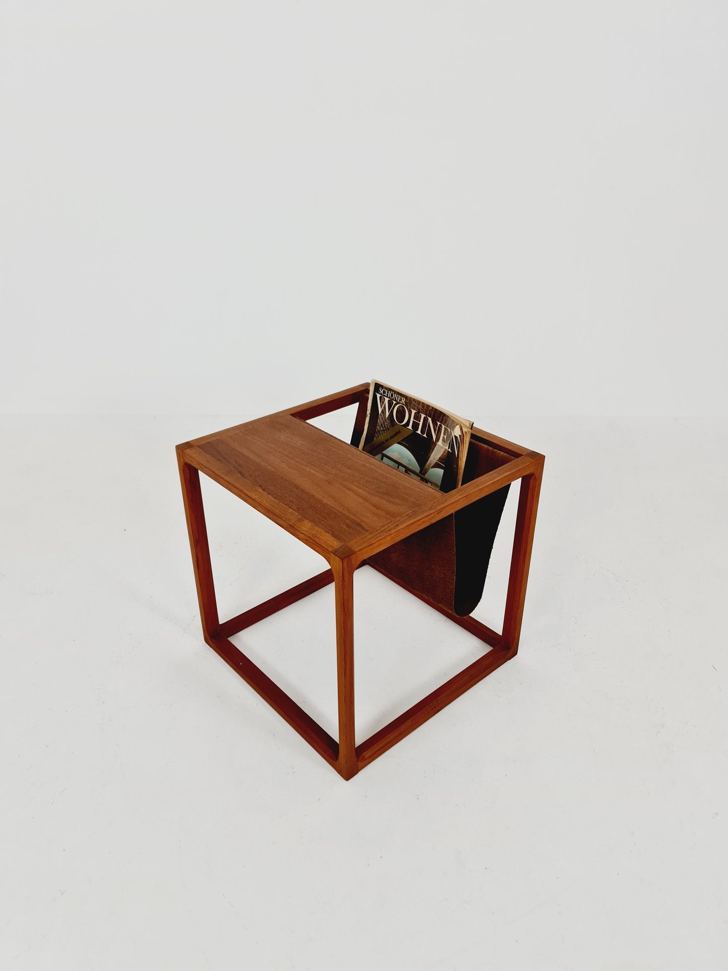 Midcentury Danish teak side table with Magazine Leather Pouch by Aksel kjersgaard 1960s