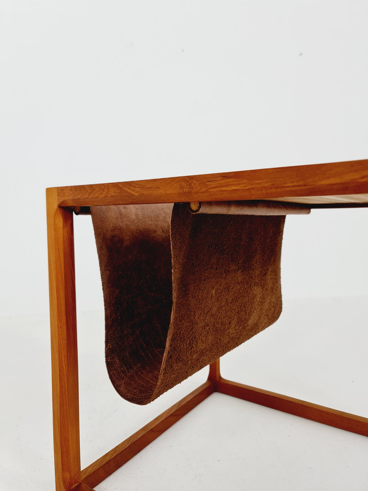 Midcentury Danish teak side table with Magazine Leather Pouch by Aksel kjersgaard 1960s