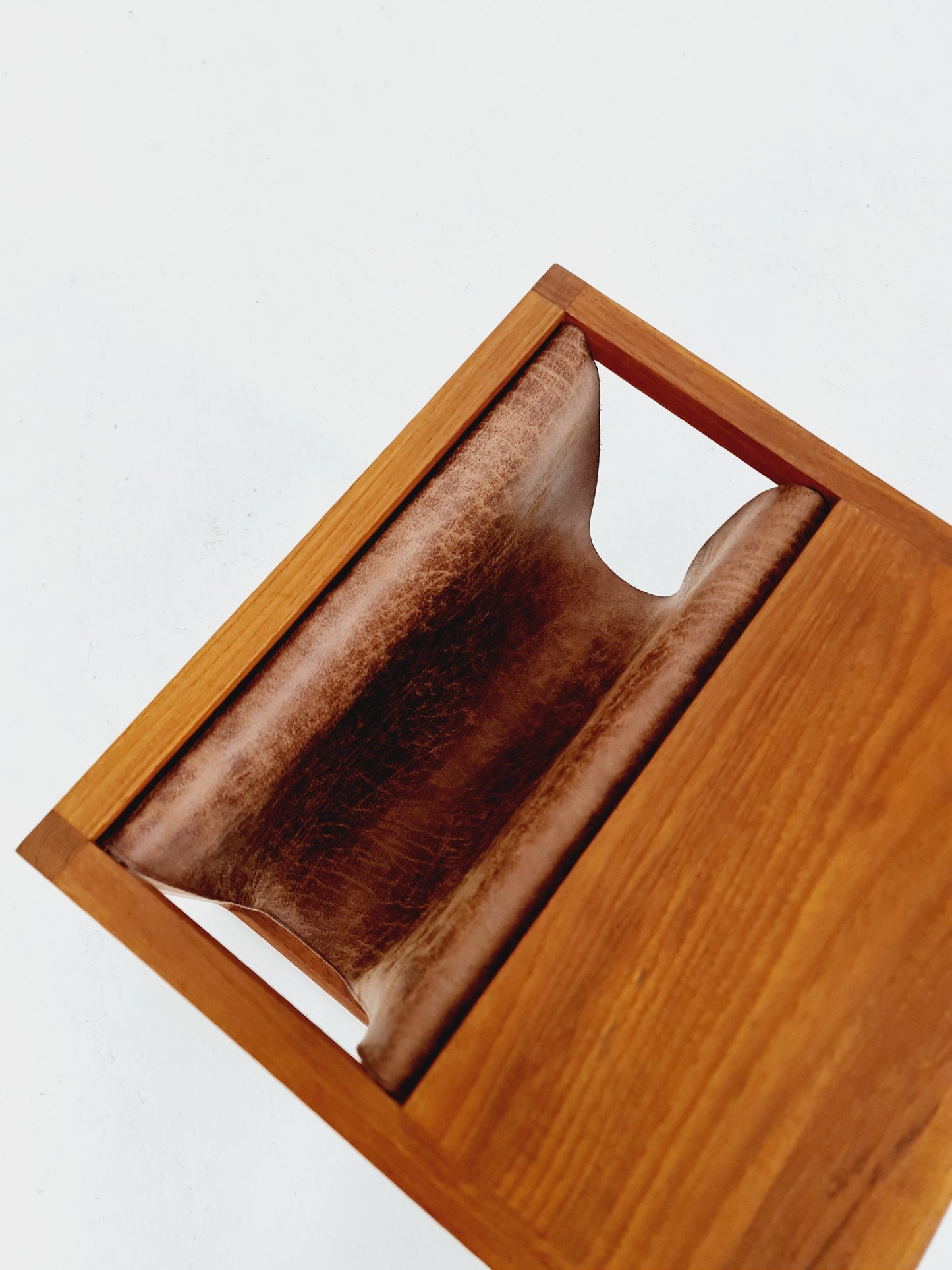 Midcentury Danish teak side table with Magazine Leather Pouch by Aksel kjersgaard 1960s
