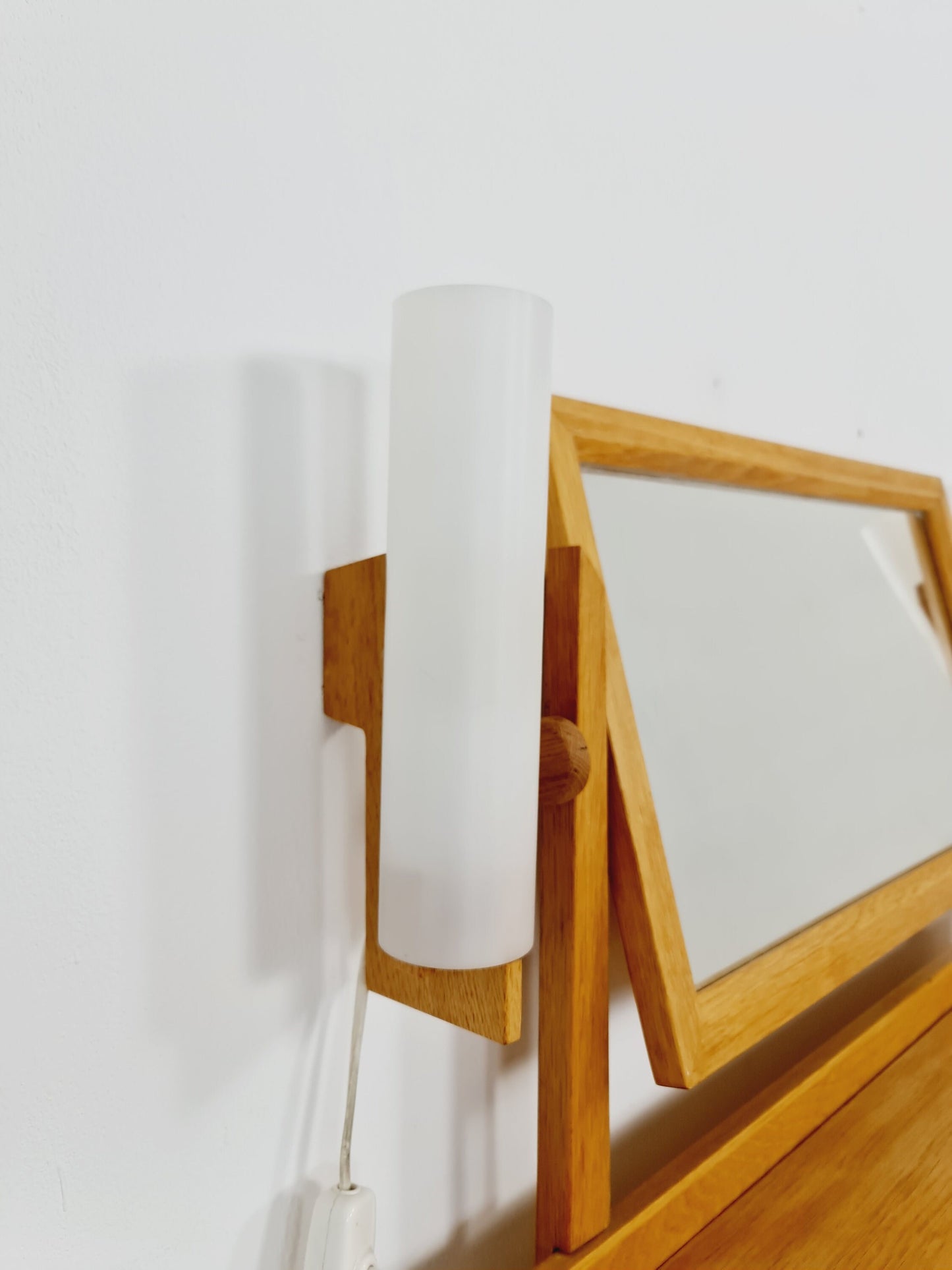 Mid Century Modern Danish Oak vanity table/ make up with mirror and 2 solid oak Luxus wall lamps, 1960s