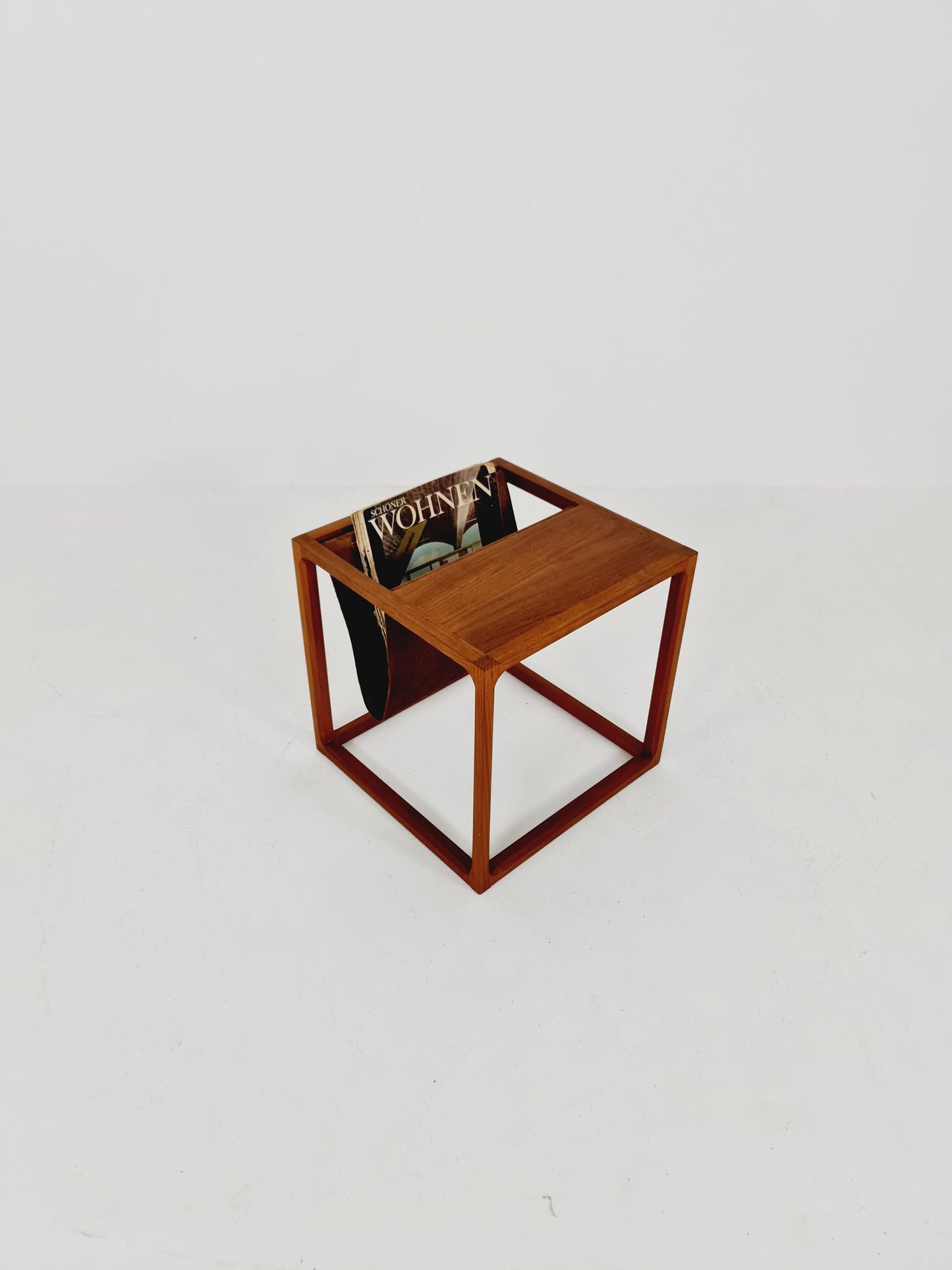 Midcentury Danish teak side table with Magazine Leather Pouch by Aksel kjersgaard 1960s