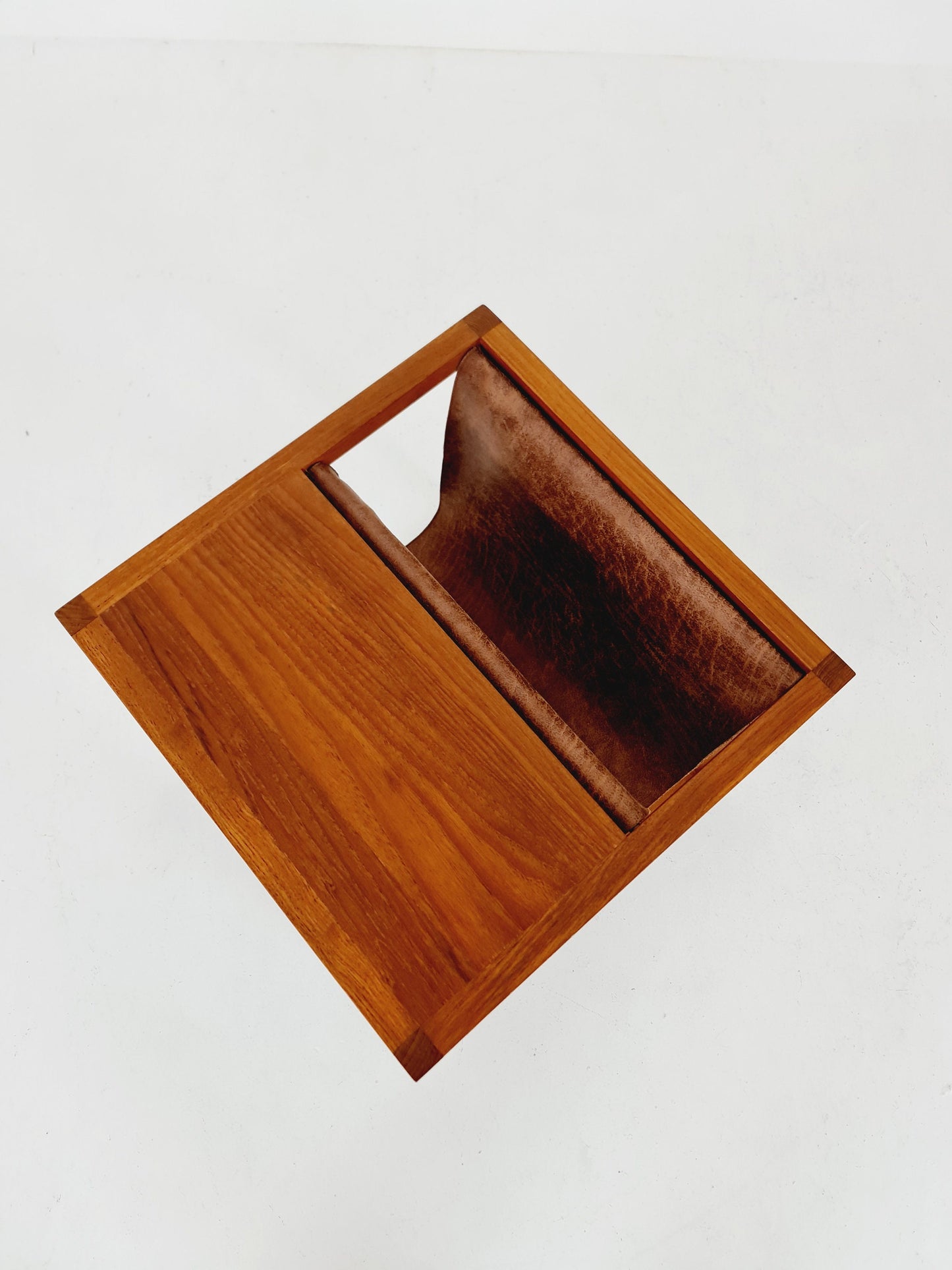 Midcentury Danish teak side table with Magazine Leather Pouch by Aksel kjersgaard 1960s