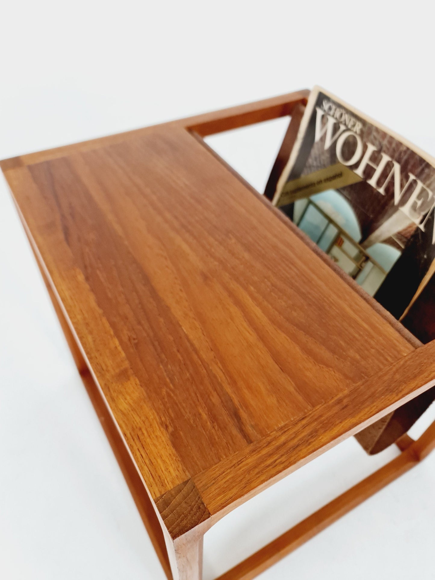 Midcentury Danish teak side table with Magazine Leather Pouch by Aksel kjersgaard 1960s