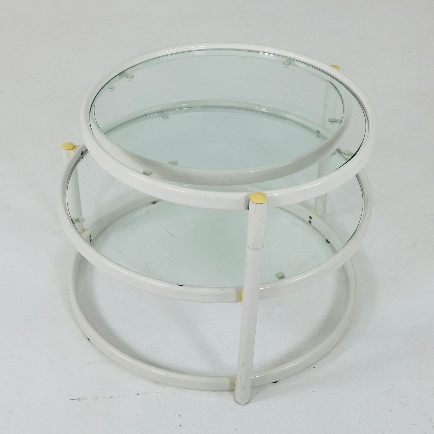Mid-Century Modern Tiered Glass & white metal Coffee Table /couch table 1970s