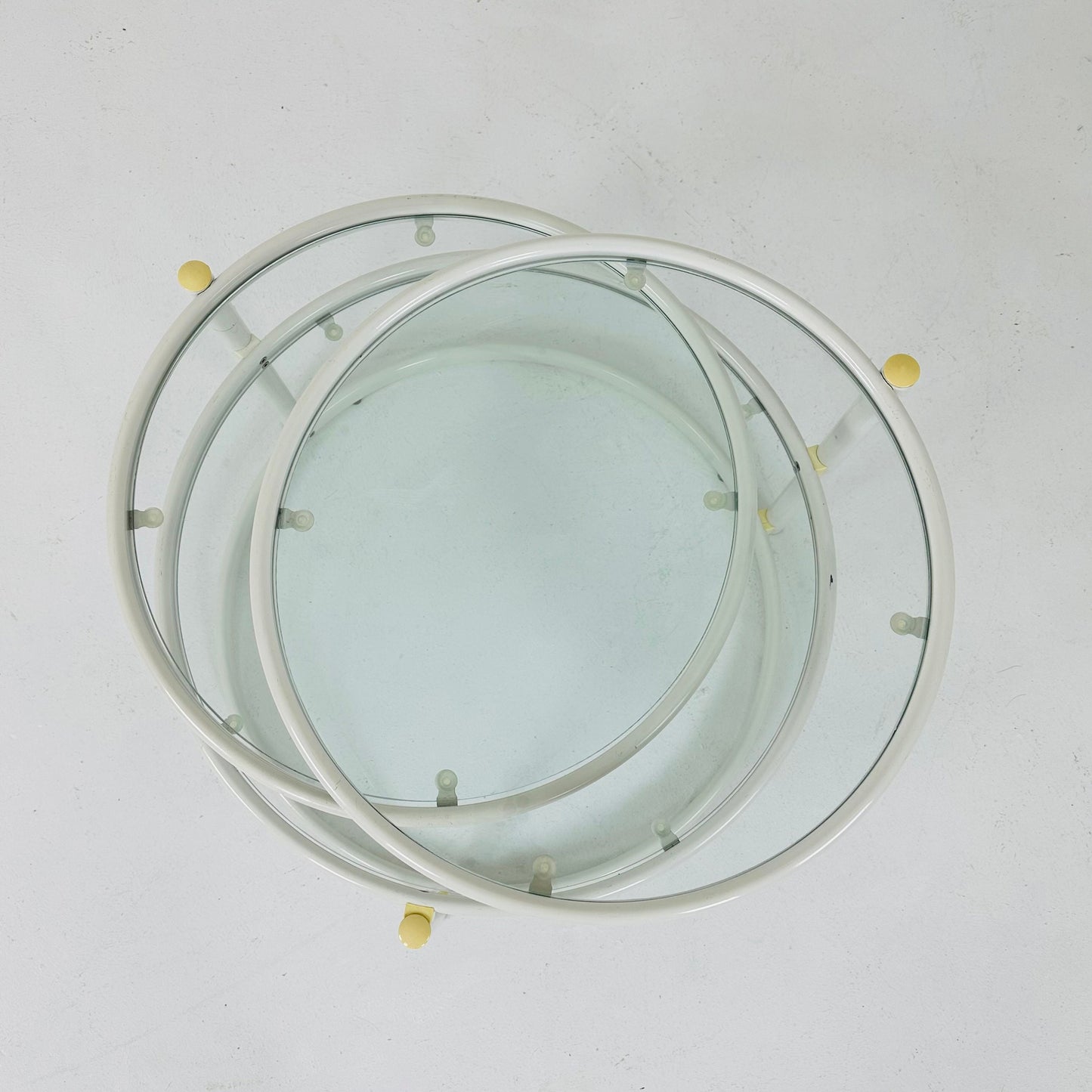 Mid-Century Modern Tiered Glass & white metal Coffee Table /couch table 1970s