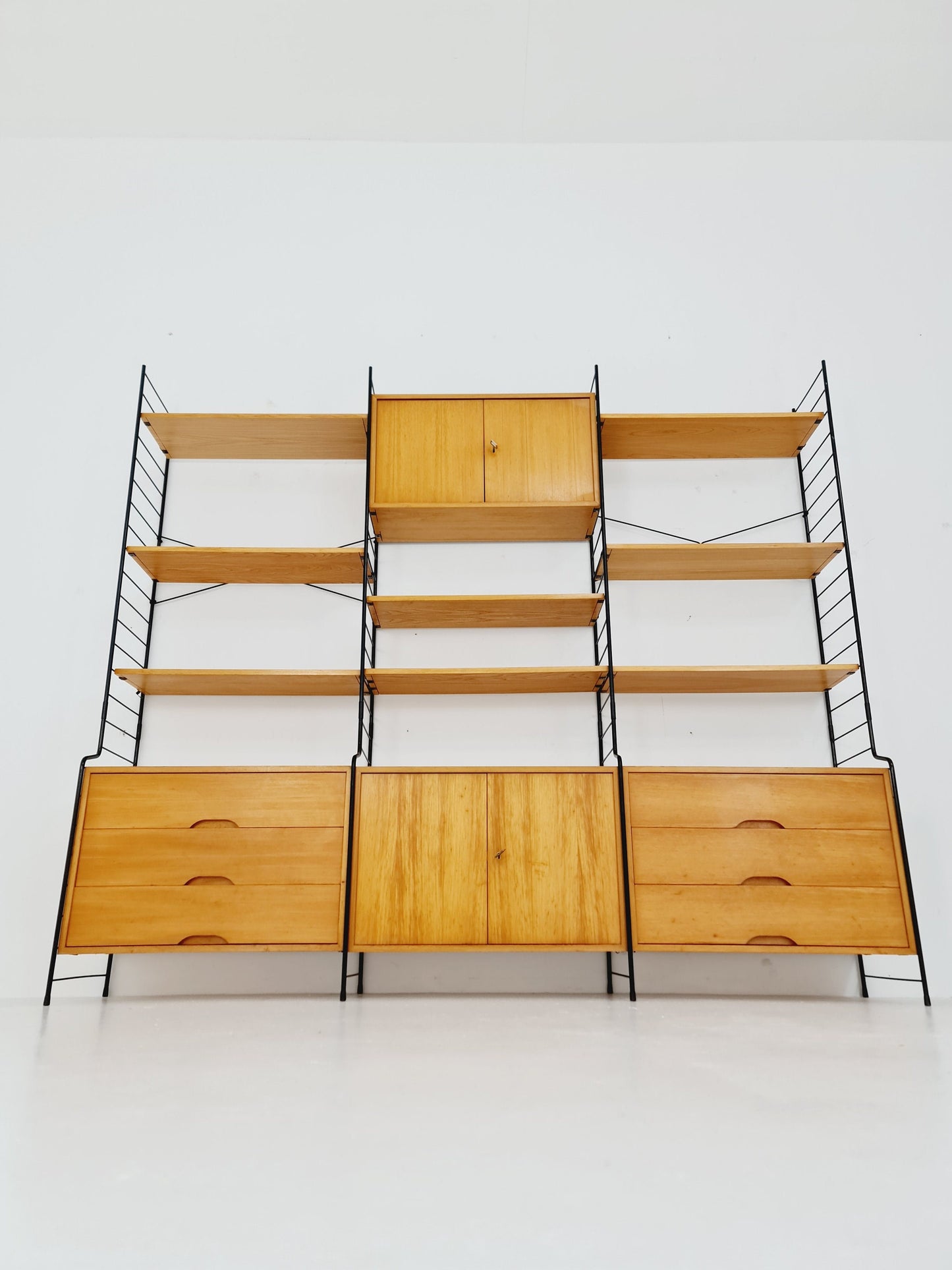 Mid century String shelf-system, bookcase with lighting Oak by WHB Germany, 1950s
