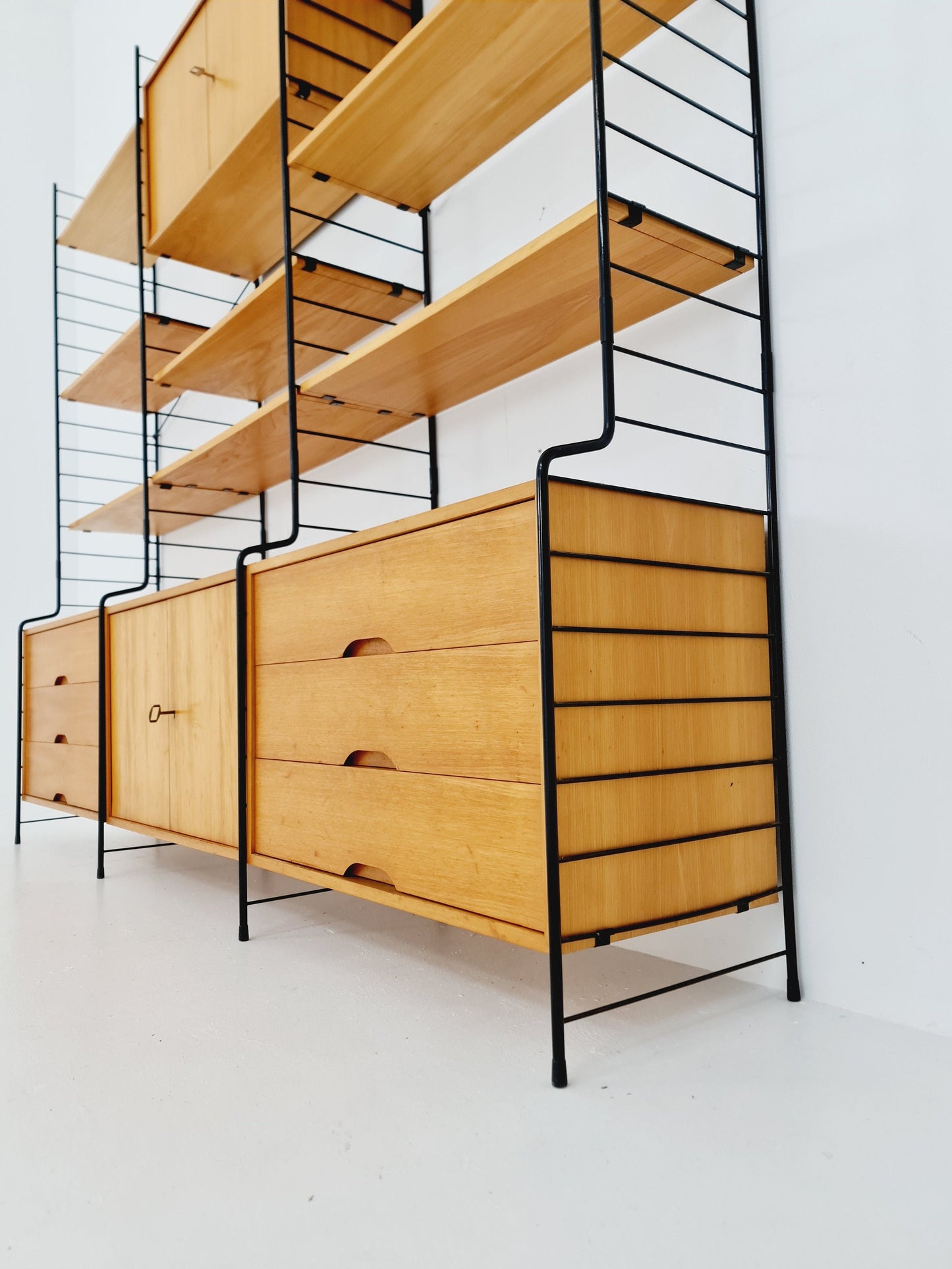 Mid century String shelf-system, bookcase with lighting Oak by WHB Germany, 1950s