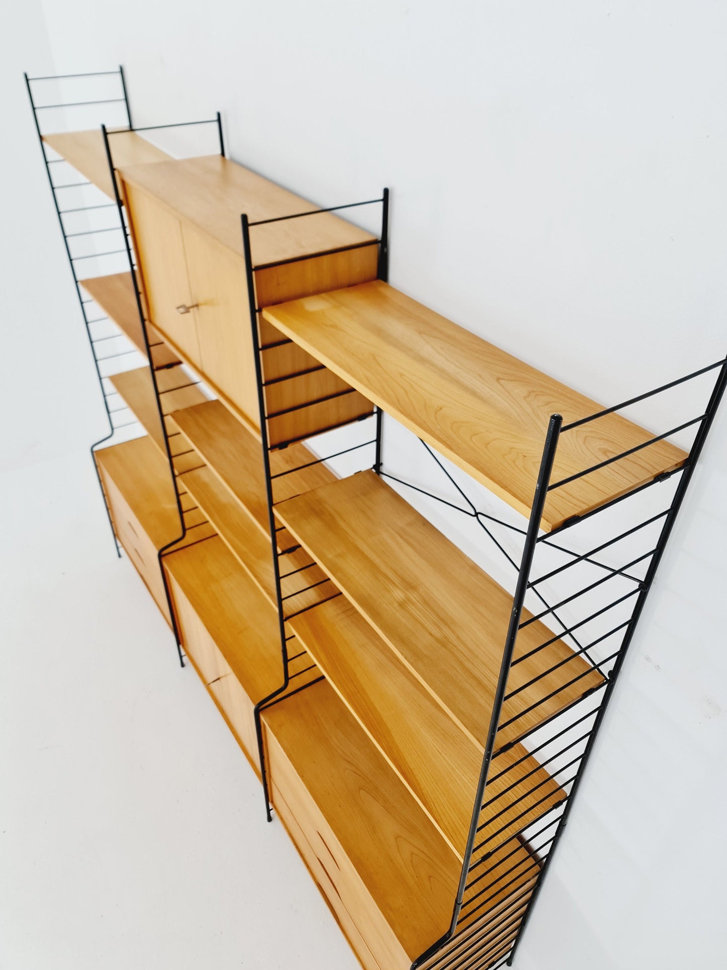 Mid century String shelf-system, bookcase with lighting Oak by WHB Germany, 1950s