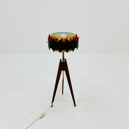 Vintage teak tripod leg floor lamp with gold-copper color shade , 1970s