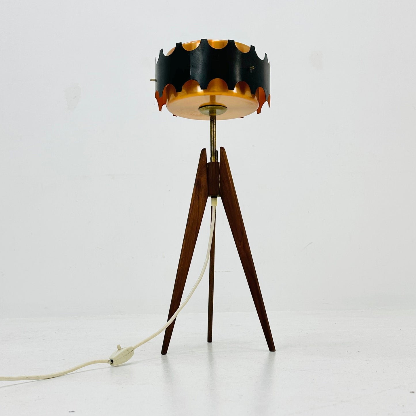 Vintage teak tripod leg floor lamp with gold-copper color shade , 1970s